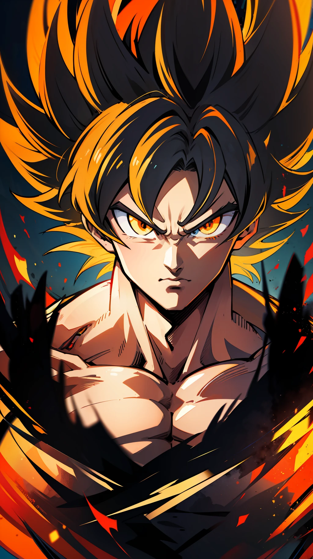 Son goku super sayajin looking at viewer, serious face. Yellow orange aura of power. Muscles. soft light. digital art. traces of 90's anime. Orange Torn clothes. Face defined,