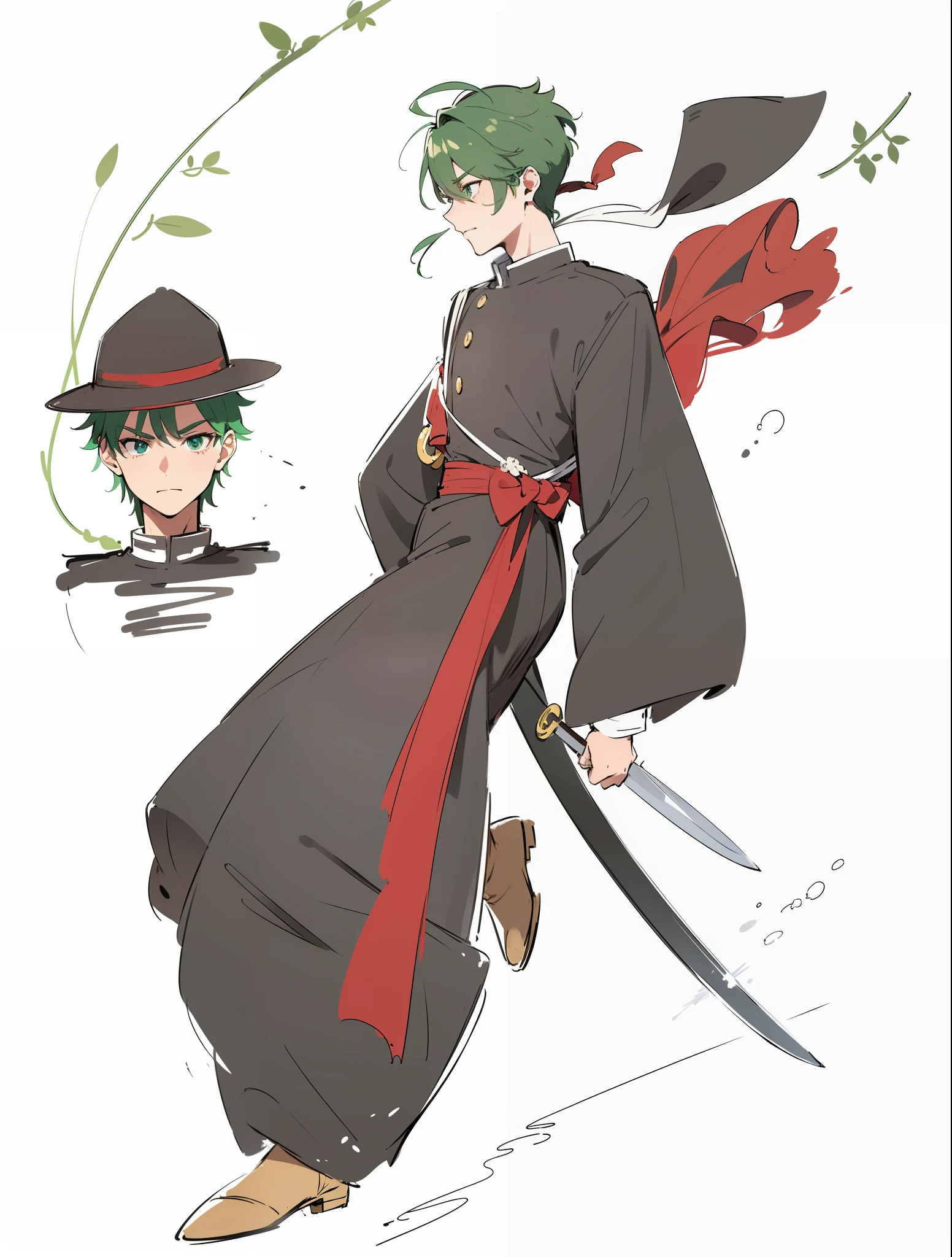 The green-haired male swordsman walks through the jungle with a short knife in the wind