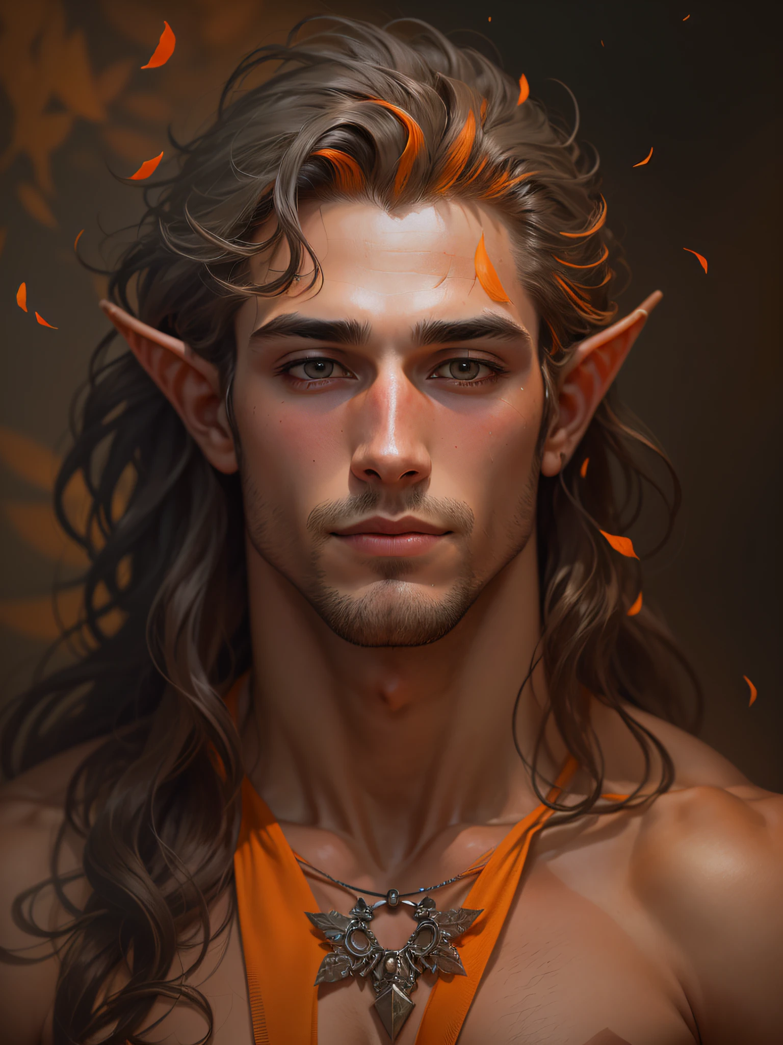 A full body image like a renaissance art piece of one extremely handsome male elf wearing a small black thong, clean shaved, athletic body, (white skin), bare chest, (long orange scruffy hair), serene expression, small waist, muscular.