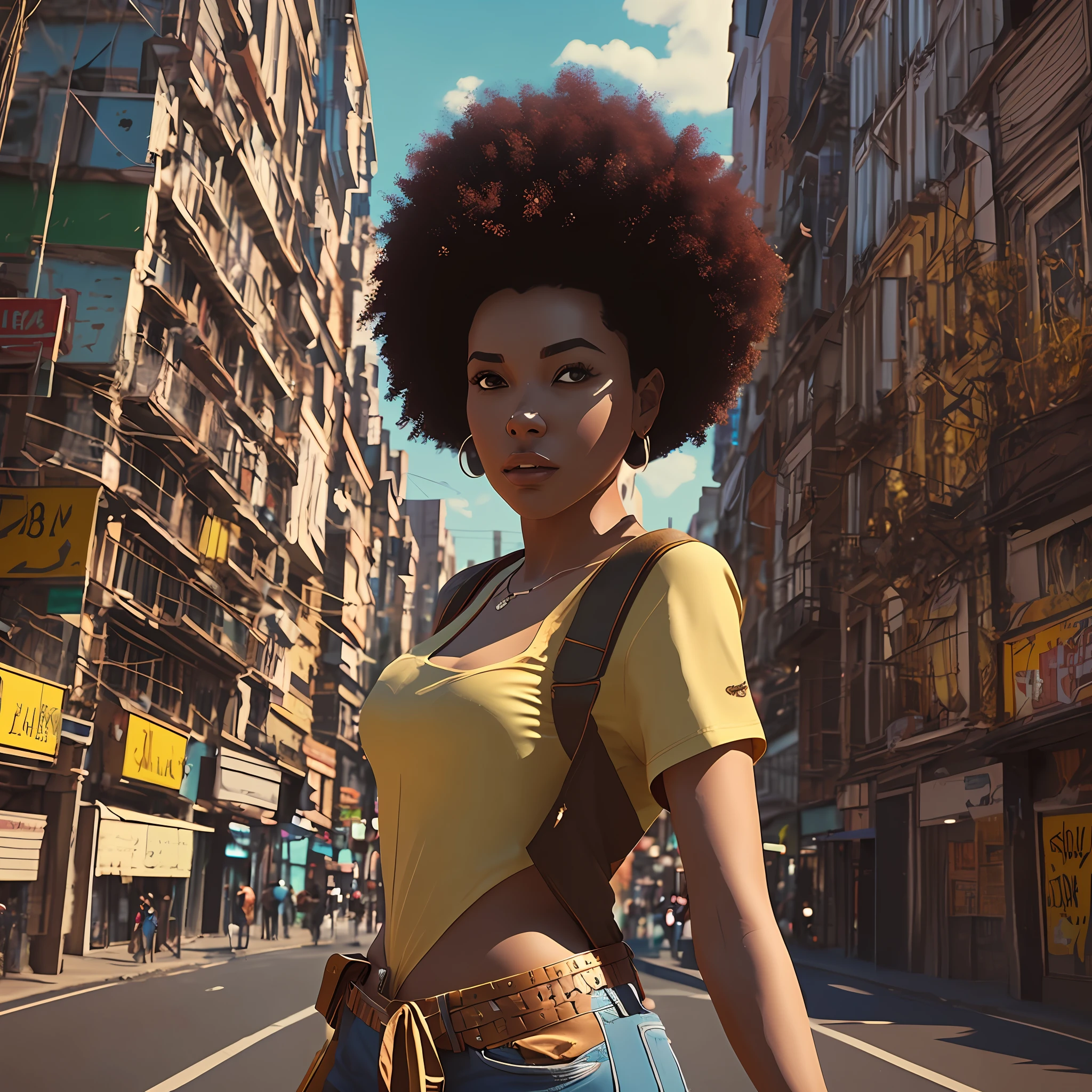 3D, uma mulher adulta, um personagem de desenho animado segurando um livro em uma rua da cidade, preto, (((solo))), arte do filme, foto limpa, ghailan!, como um personagem da Pixar, jovem bonito, cabelo afro, grace and blessing, renderizado em irreal, imagem promocional do filme, imagem renderizada  , fantastical realism, city background, casual outfit, bronzepunk, black woman, 3d, cinemactic, golden hour --auto --s2