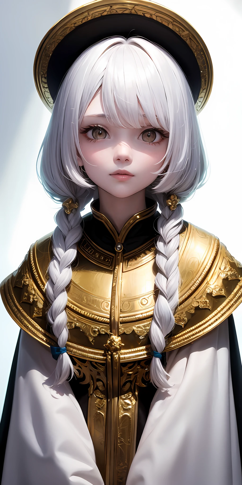best quality, masterpiece,white hair, gold eyes,white clothes, looking up, upper body,hair strand,Fair skin,side braids
