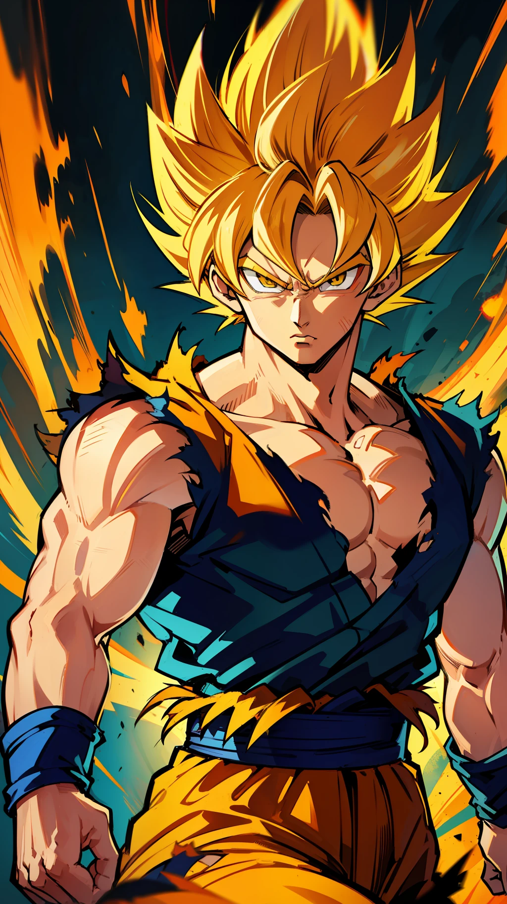 Son goku super sayajin looking at viewer, serious face. Yellow orange aura of power. Muscles. soft light. digital art. traces of 90's anime. Orange Torn clothes. Face defined,