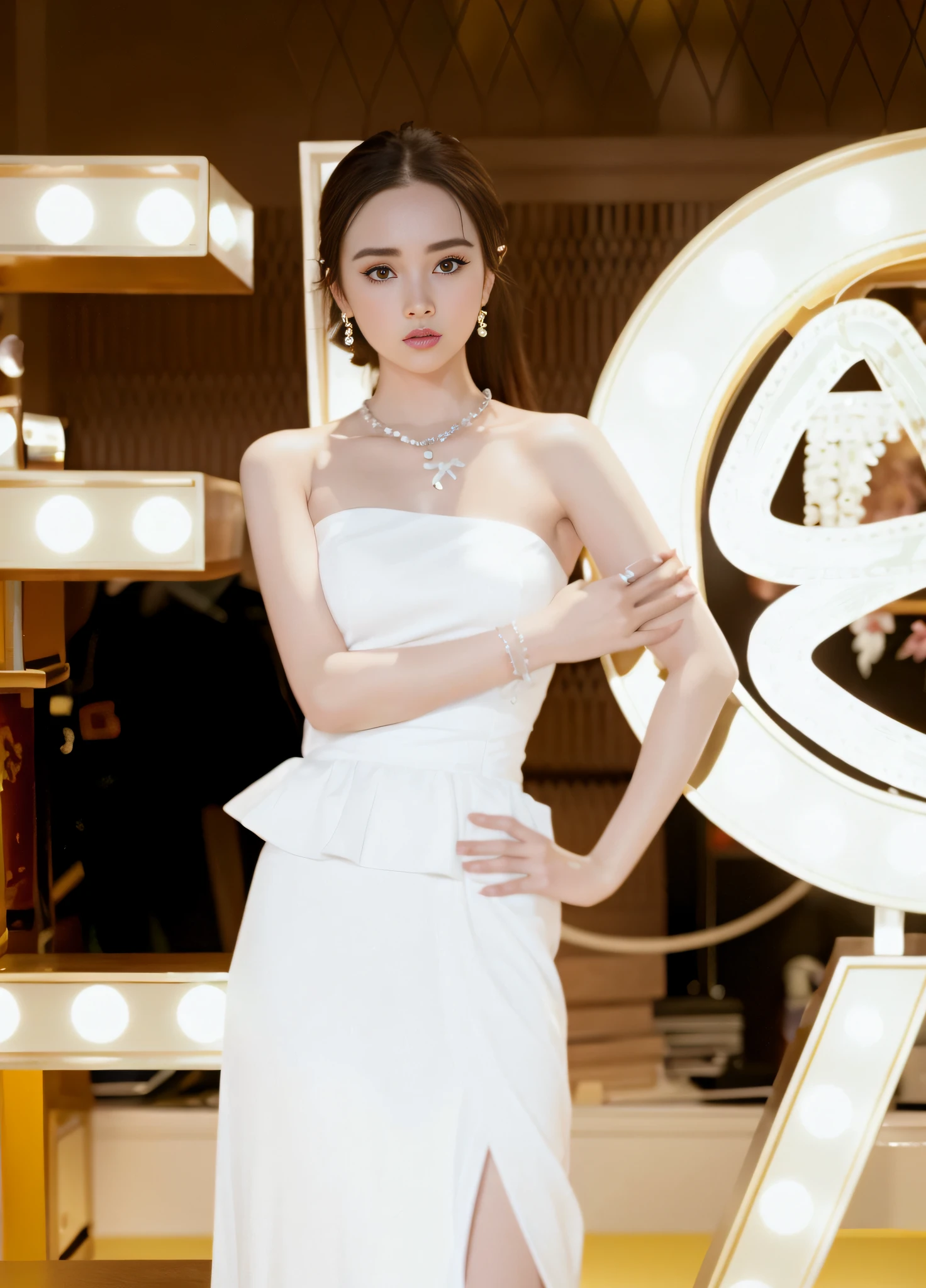 Araki woman in white dress poses in front of a big sign, shaxi, dilraba dilmurat, jia, Li Zixin, Lu Ji, lulu chen, ruan jia beautiful!, Li Bingbing, Gemma Chen, Yan, Fan Bingbing, Wu Liu, bian luan, xintong chen, full-body xianxia，4k画质，Ultra HD face detail，Textured skin，HighestQuali，Vertical painting shadows，atmospheric distance sense，Smile confidently，Star temperament --auto