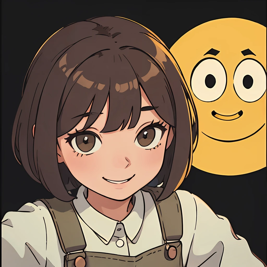 Girl with brown hair、bob cuts、Gray eyes、((Deformed))、a smile、Looking at the camera、Khaki overalls、Bust-up composition、((No background))、Jumping out of the yellow round frame、For icons