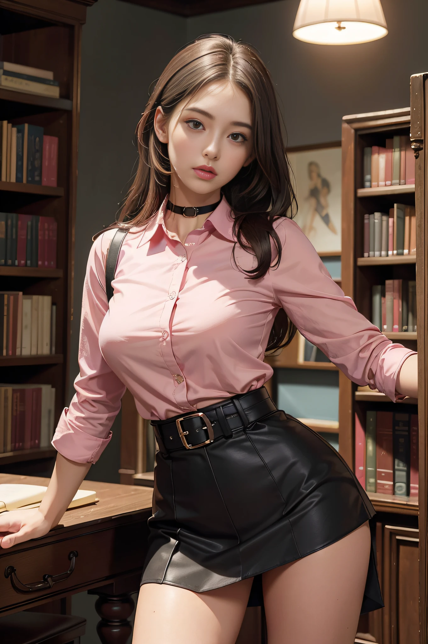 Best quality, masterpiece, super high resolution, realistic, a girl, (pretty face: 1.4), pink collar shirt, short black skirt (big breast, narrow waist), long hair, in the library, background blur, beautiful lighting, shiny skin