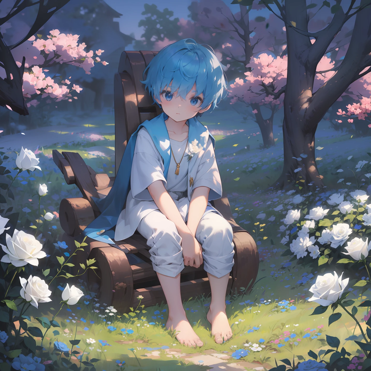 (4K),  with blue hair and barefoot and white clothes, He sits on a flower field, which is covered with white roses, und betet, Regentag, Nebel Licht, Impressionismus, 2D, (Dornen: 1.1), (toter Baum: 1.1) Focused on feet,