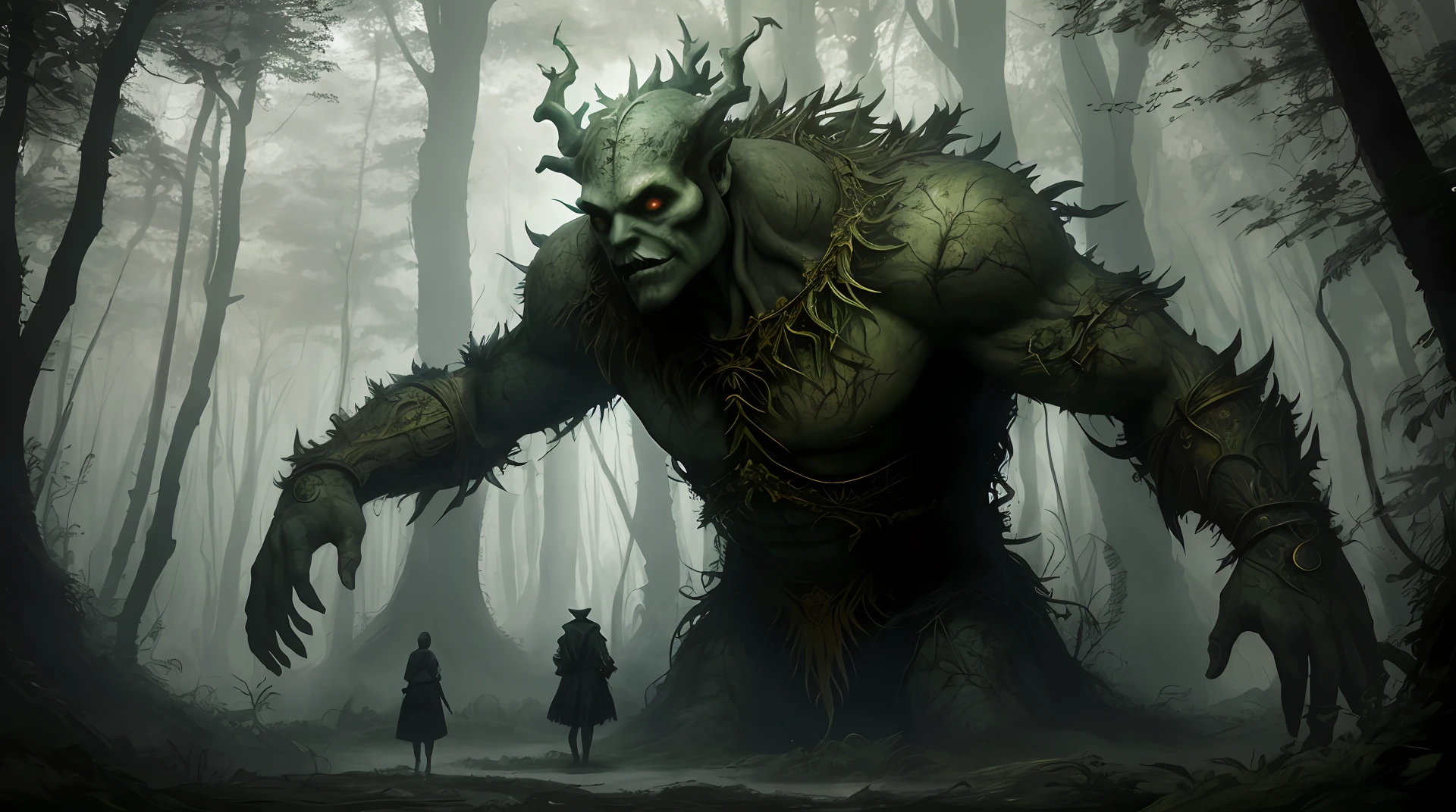Monster in a forest with a sky background, monstro de fantasia hiper realista, Arte de fantasia 4k, Arte digital altamente detalhada em 4k, ents humanoides velhos, apocalypse with vegetation, Arte de fantasia 8k, sinistro altamente detalhado, Elden Monstro do anel, Papel de parede de arte conceitual 4K, Epic Fantasy Digital Art Style, arte conceitual escura fotorrealista, arte fantasia behance