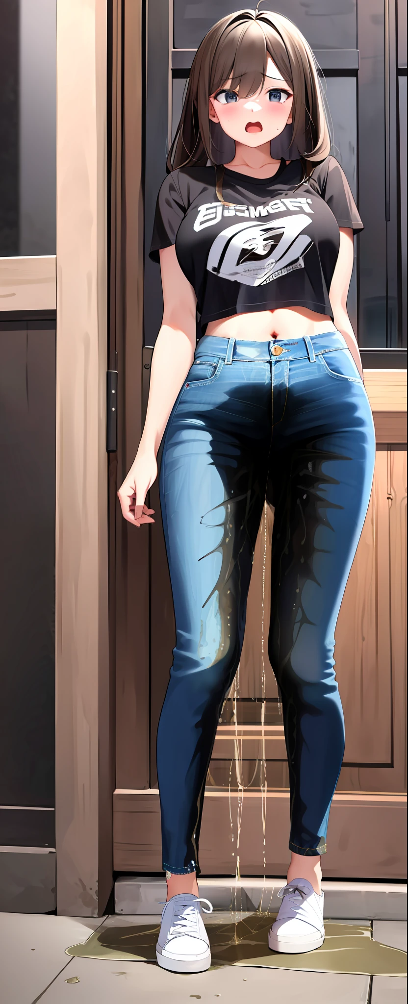 masterpiece, best quality, high resolution, 1girl, (((jeans pants))), ((full body)), crop top, naval, midriff, blush, worried, open mouth, outside, crossed legs, ((((((big pee stain))))))