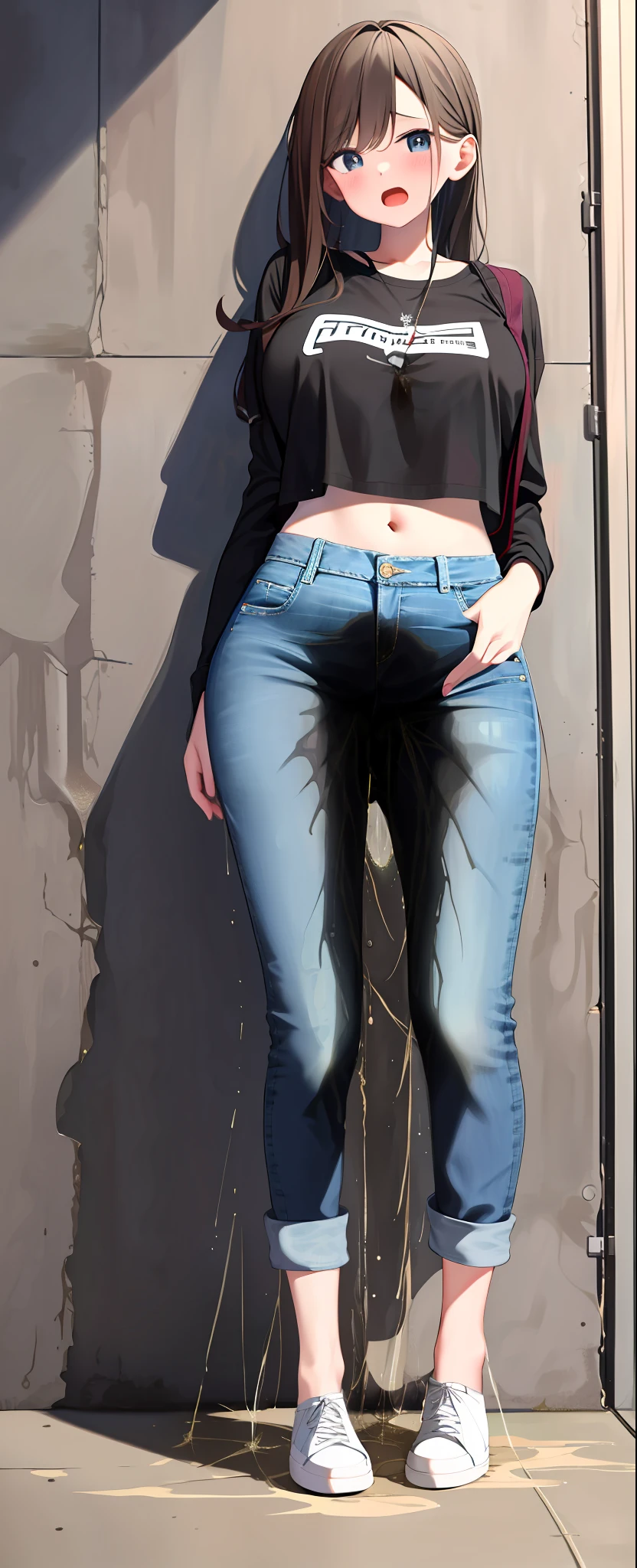 Arafed woman in a black shirt and jeans leaning against a wall - SeaArt AI