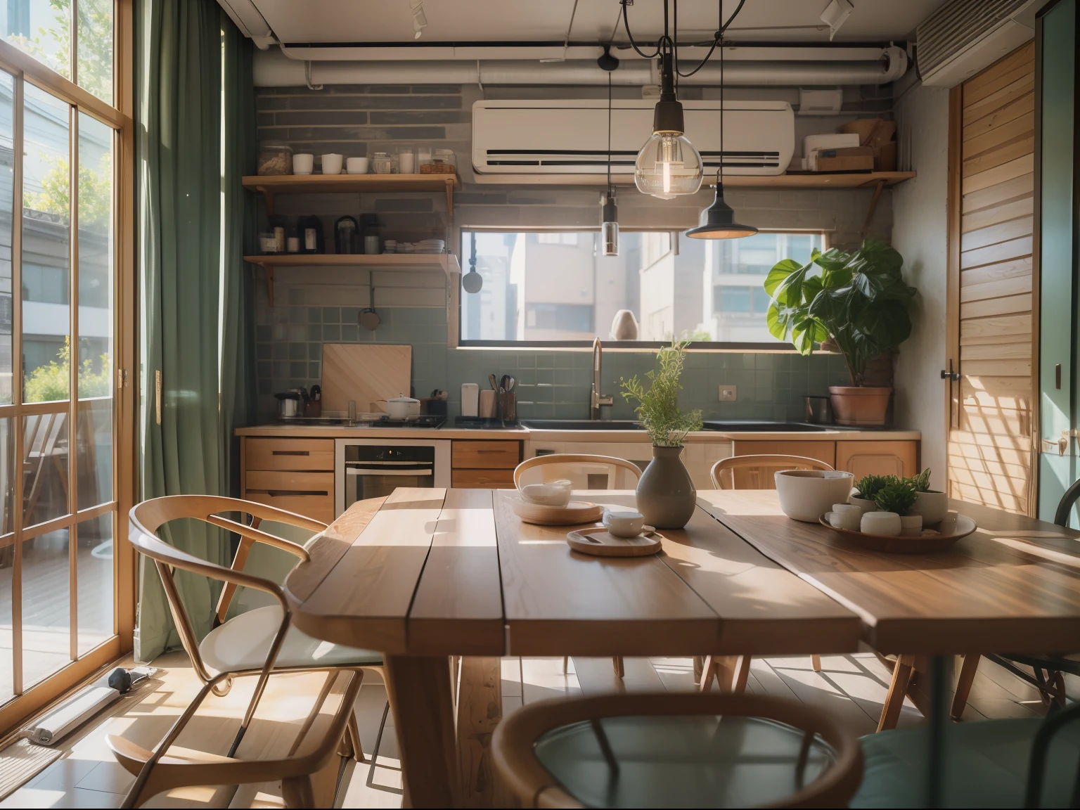High-detail RAW color photography, Modern loft-style dining room, (higly detailed, hyper-detailing), (lens glare: 0,7), particle fx, ray traced, 电影灯光, Shallow depth of field, photographed with Sony a9 II, 50mm wide angle lens, sharp-focus