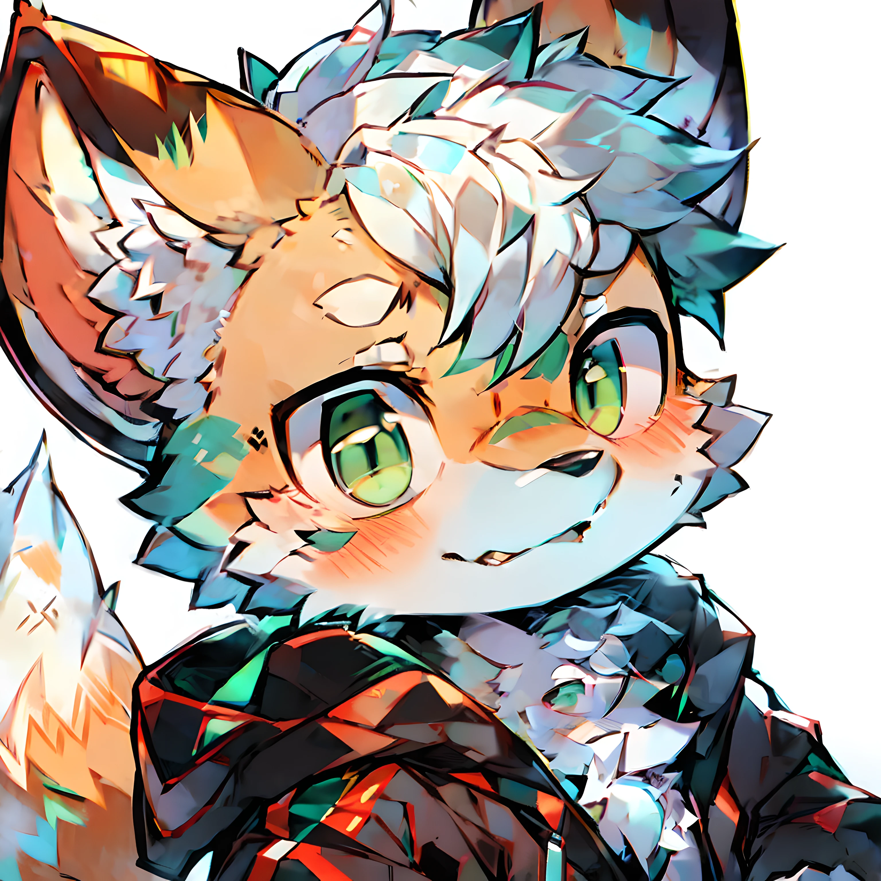 High quality anime style,Anatomically accurate,high detal,A high resolution,Bright green eyes, Character focus,simplebackground, 独奏, shaggy, Furry cute male, malefocus,Side close-up,Full Body Furry, Fluffy tail, white color hair,White fur,Black hoodie,A blushing expression,:3