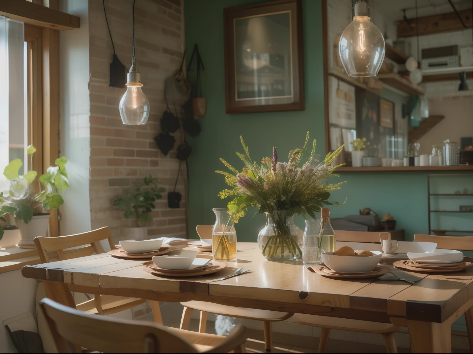 High-detail RAW color photography, Modern loft-style dining room, (higly detailed, hyper-detailing), (lens glare: 0,7), particle fx, ray traced, 电影灯光, Shallow depth of field, photographed with Sony a9 II, 50mm wide angle lens, sharp-focus