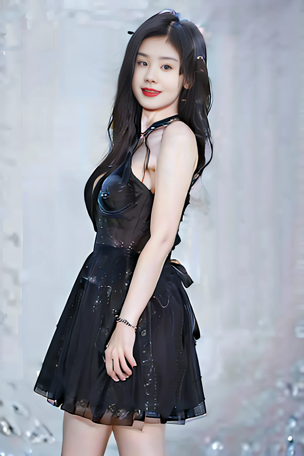 a woman in a black dress poses for a picture, lee ji eun, Lee Ji-eun, Choi Hyun-hwa, full-body xianxia, hwang se - on, sun yunjoo, iu lee ji-eun as a super villain, park jimin, jiyun chae, shin min jeong, bae suzy, seseon yoon，4k画质，Ultra HD face detail，Textured skin，HighestQuali，Vertical painting shadows，atmospheric distance sense，Smile confidently，Star temperament --auto