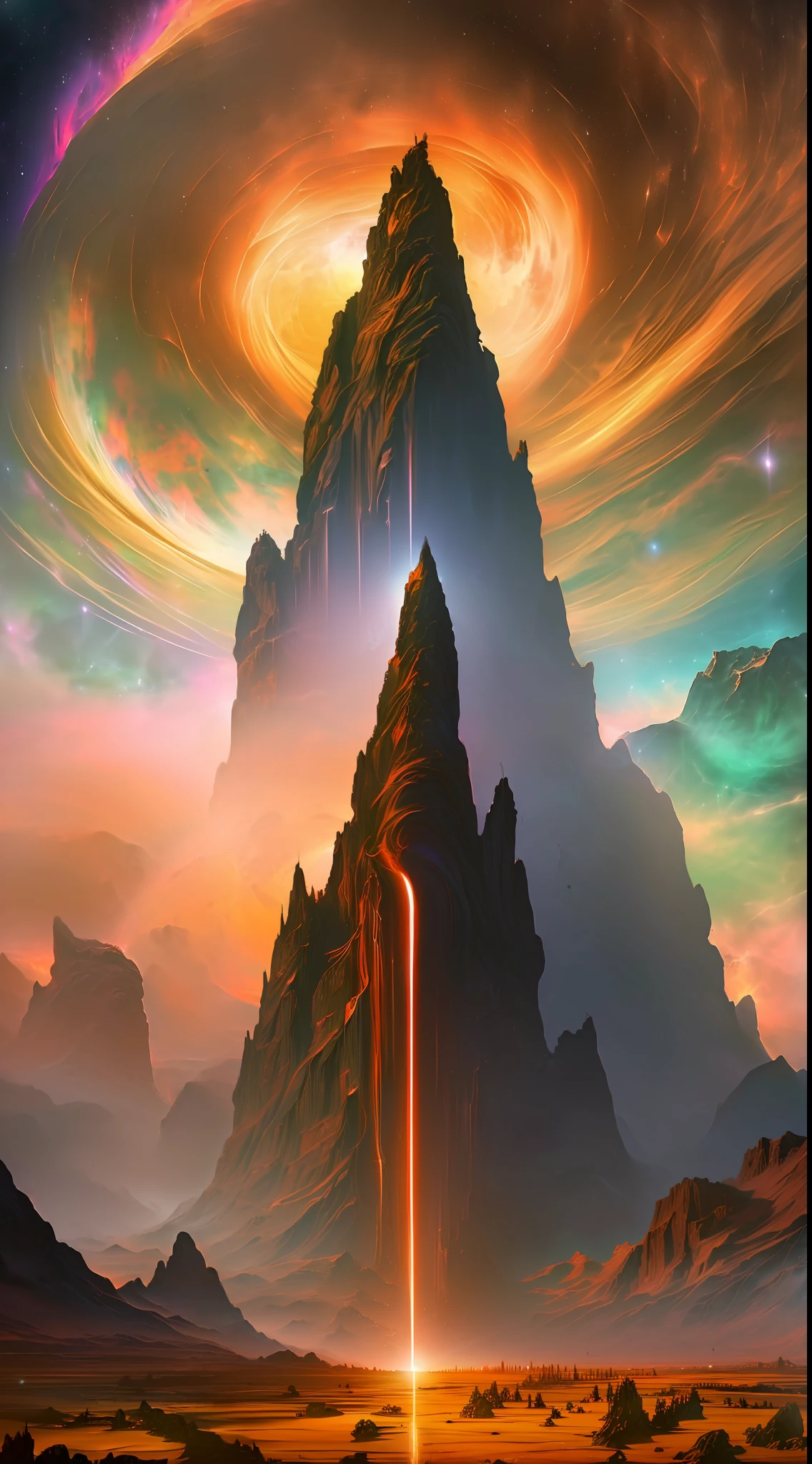 painting of a mountain with a spiral vortex in the sky, epic dreamlike fantasy landscape, epic fantasy sci fi illustration, 4k highly detailed digital art, impressive fantasy landscape, symmetrical fantasy landscape, 8k stunning artwork, high fantasy landscape, epic surrealism 8k oil painting, paul lehr and beeple, arstation and beeple highly