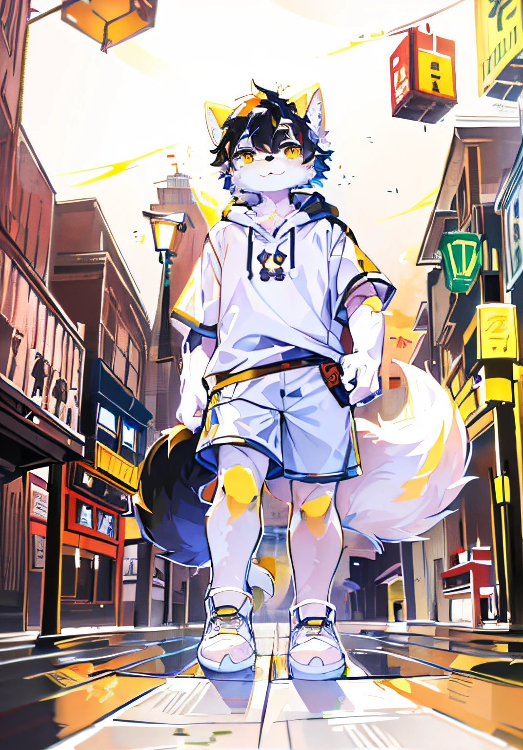 Bright environment:0.8),masterpiece,high quality,abstract res,digital painting\(artwork\), by dagasi, yupa,kiyosan,(anthro,fluffy fur,character focus:1.1),anthro male cat,short hair,portrait , eyes with brightness, in a panoramic view, Character focus.(detailedbackground:Large cities 0 during the day.7), 独奏, shaggy, shaggy male, malefocus, anthr,(Full Body Furry, Fluffy tail, White fur,adolable ,Yellow doji eyes, Short black hair:1.2), (long canines、Dog Samoyed、White hooded T-shirt、white ultra short pants、White shoes、White ears、White hair all over the body:1.2),(external、big city,time square:1.1