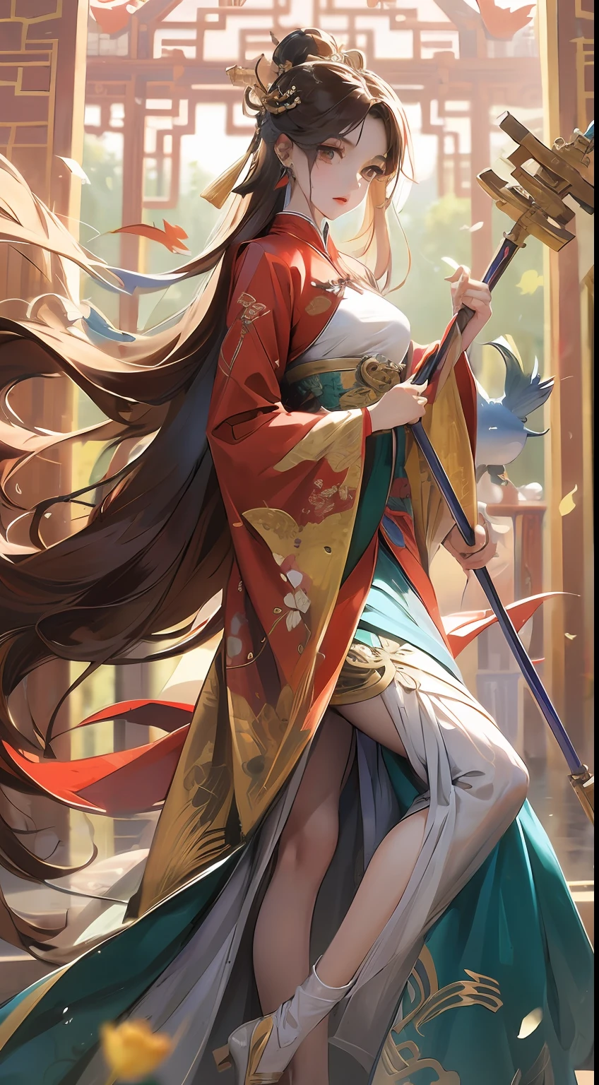 (((Masterpiece))), (((Best Quality: 1.4))), ((Super Detail: 1.4)), Wang Zhaojun in the glory of kings, 1girl, 28 years old, holding a staff in his hand, wearing ancient Chinese clothing, flowing tulle, light silk, frost nova, large lotus leaves, lotus flowers, clean colors, decisive cutting, white space, freehand, masterpiece, super detailed, epic composition, ultra HD, 8k, slim figure, Long legs, seen from bottom to top, long leg proportional composition