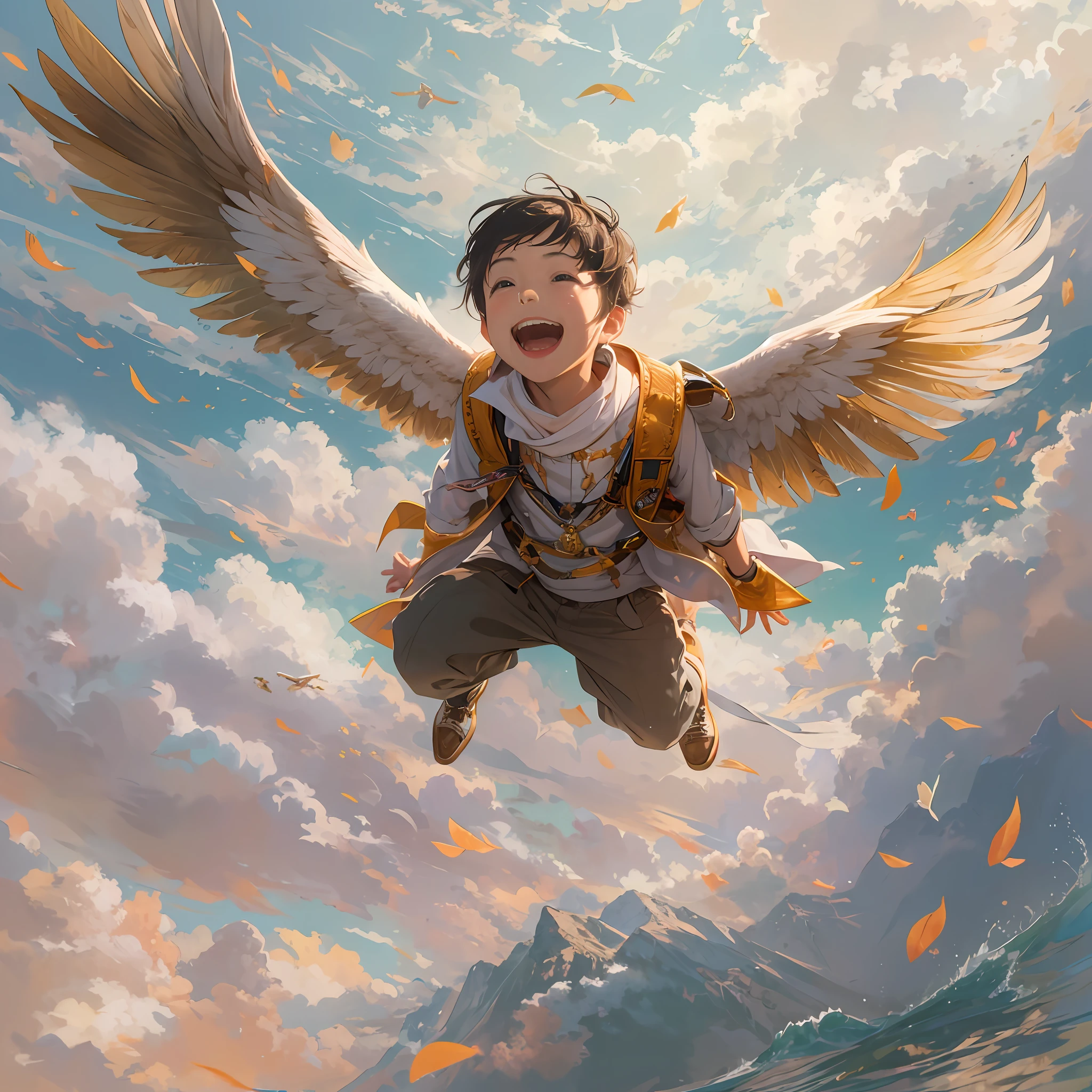 ​masterpiece, top-quality, Boy flying in the sky on a giant eagle、Huge laughter、Eyes wide open、