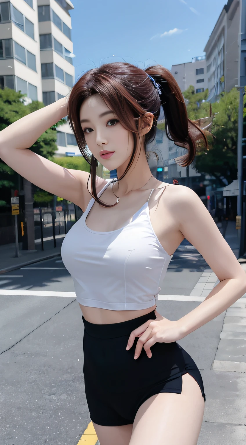 8k,best qualtiy,tmasterpiece:1.2),(realisticlying,realisticlying:1.37),ultra - detailed,best qualtiy,超高分辨率,profesional lighting,photon maping,Radio City,physically-based renderingt,cinmatic lighting,Playground runway photography,depth of fields,Clear focus,rays of sunshine,Good composition,(bokeh:1.2) 1girl,solo,((full bodyesbian)),(Keep one's mouth shut),美丽细致的眼睛,lewd poses,a narrow waist,sport underwear,Sporty skirts,red hair,messy hair,Long flowing hair,Running posture,(ulzzang-6500:1.2),slim toned body,slender leg,ssmile,Large breasts