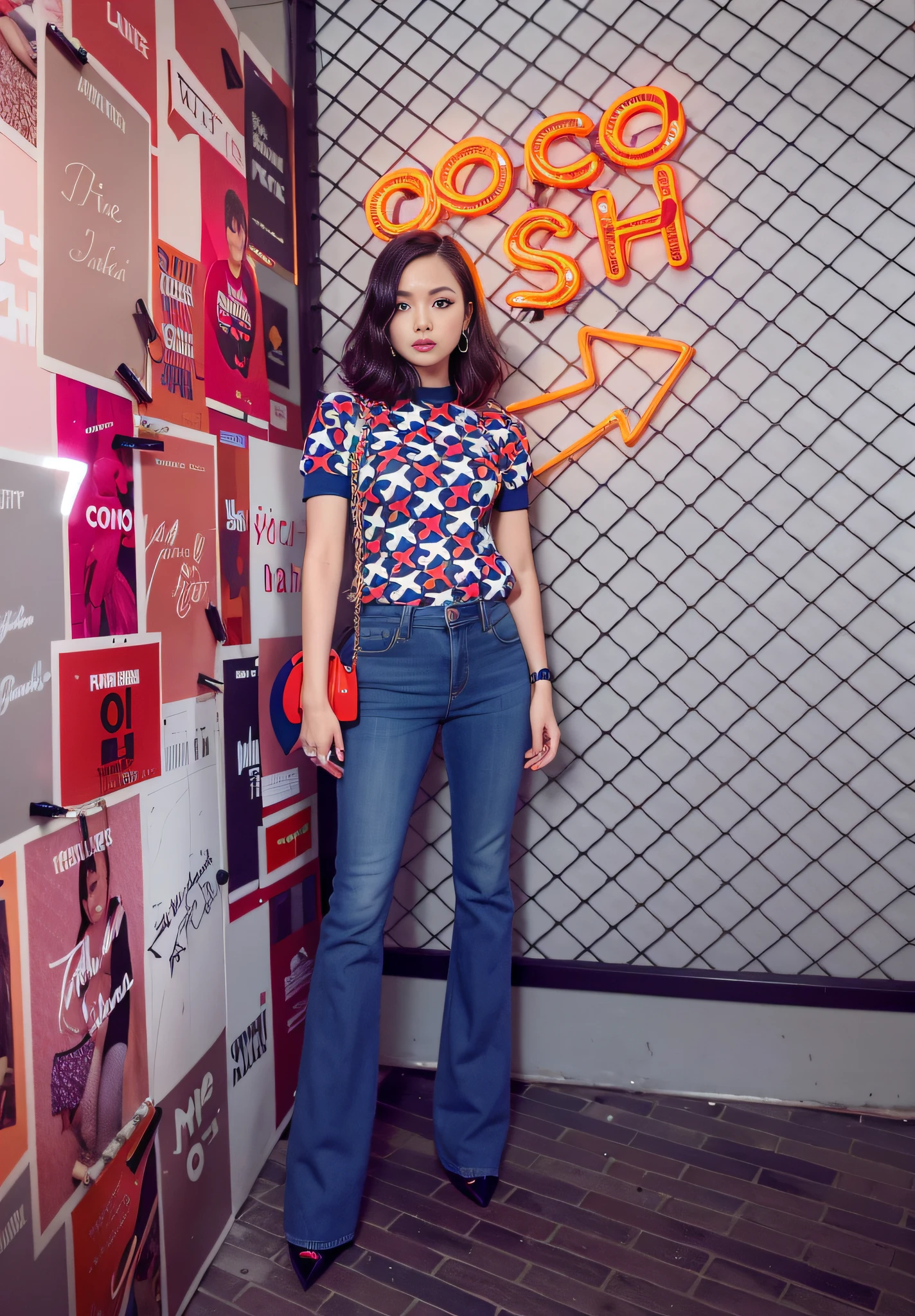 The Arapefi woman stood in front of the wall，With a neon sign, kiko mizuhara, korean women's fashion model, Blue trousers and red shoes, Jackie Tsai style, Inspired by Jean ·, krystal, kawaii shirt and jeans, shaxi, in style james jean, inspired by Cheng Jiasui, Fan Bingbing, in style of pop - art，4k画质，Ultra HD face detail，Textured skin，HighestQuali，Vertical painting shadows，atmospheric distance sense，Smile confidently，Star temperament --auto