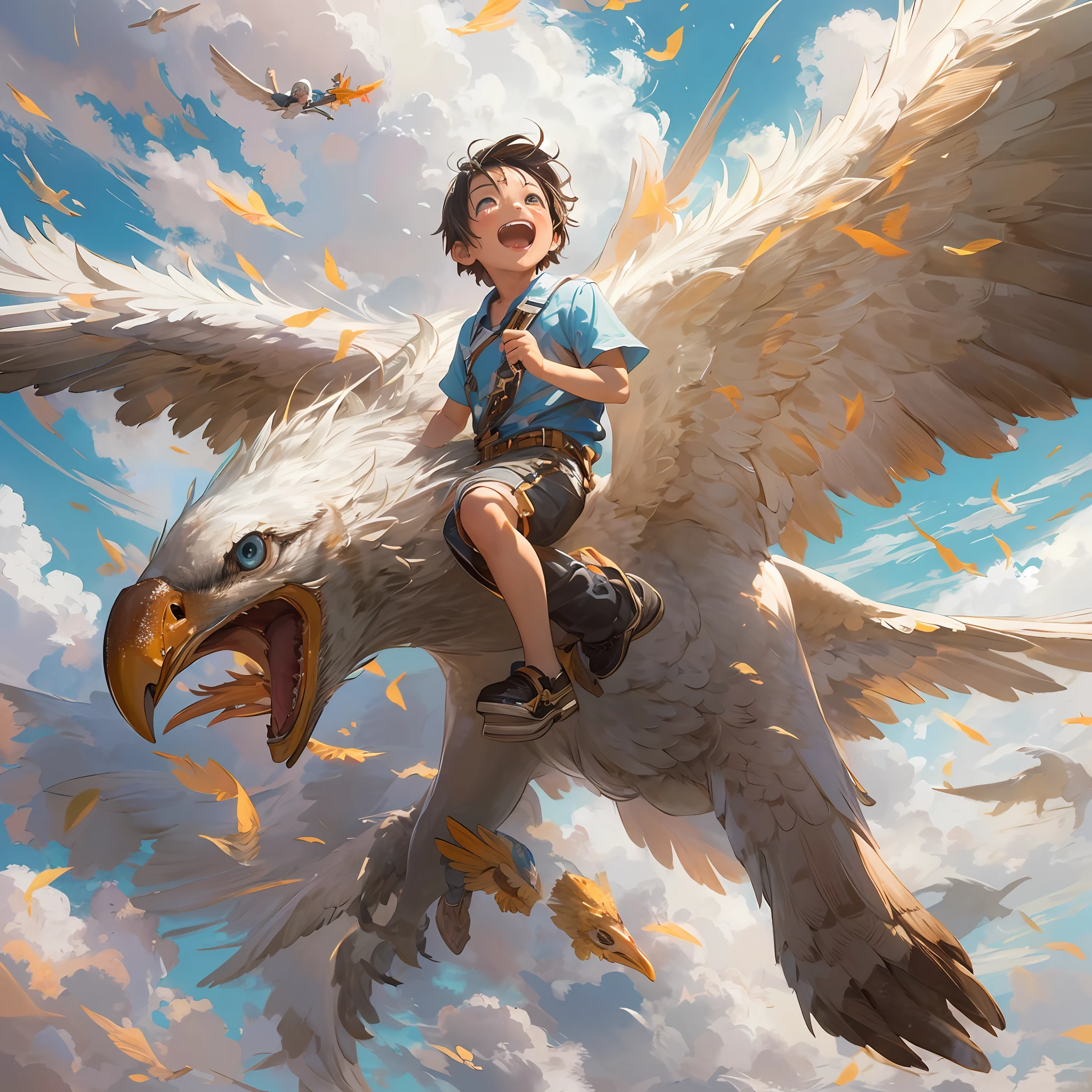 masterpiece, top-quality, Boy flying in the sky on a giant eagle、Huge laughter、Eyes wide open、
