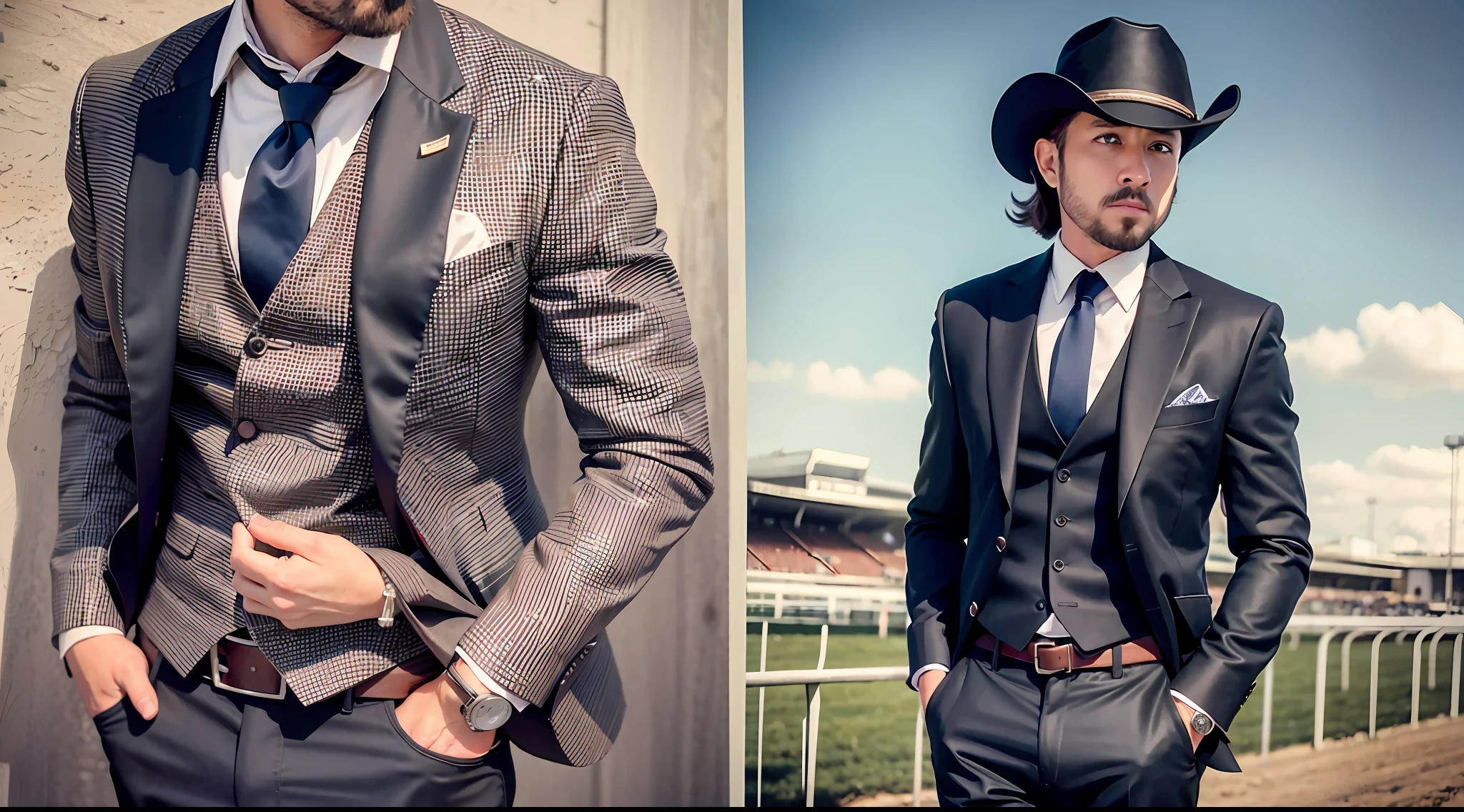 (Cowboy Shot), (((racecourse))), SFW, (masutepiece), (Best Quality:1.0), (超A high resolution:1.0), Detailed Eye Breaking Ton Rack Lock , Suit, Formal, tailcoat, neck tie, Adjustment tie break party, Gorgeous View