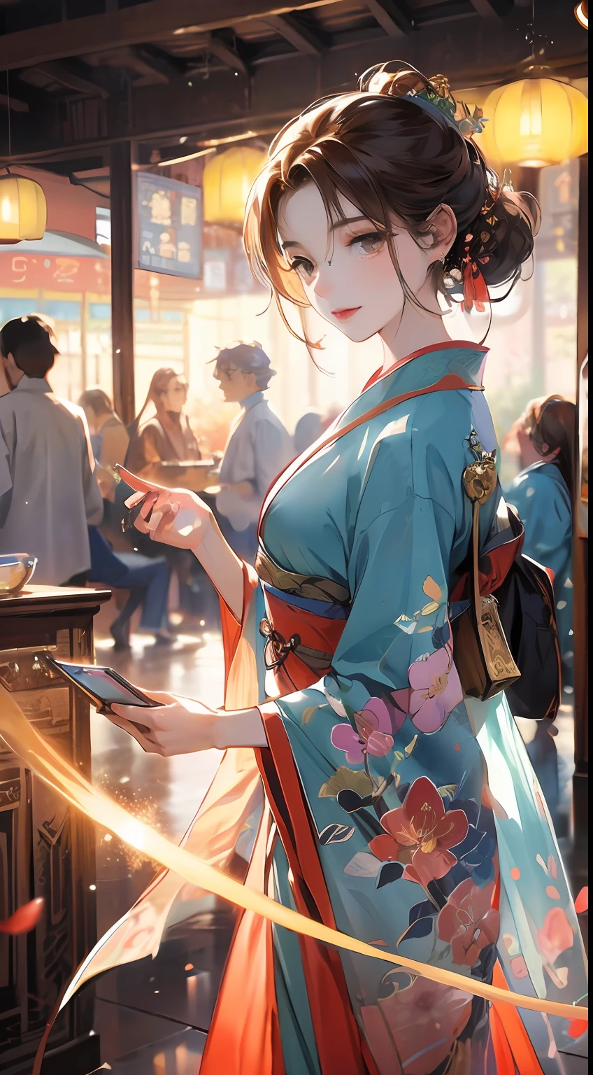 Masterpiece, best quality, side light, lens flare, ray tracing, sharp focus, dressed in Hanfu, a girl, dancing under the peach blossoms