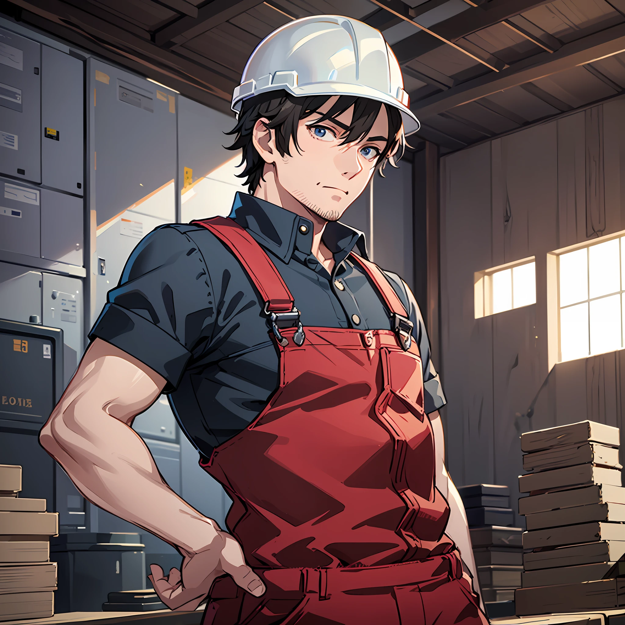 A handsome middle-aged man with short hair,Wearing overalls of migrant workers,Wear a hard hat,Moving bricks on the construction site,inspirado em Okumura Masanobu,exquisite facial features,Clear facial expressions,detailed digital anime art,digital anime art,High Quality Anime Art Style,Handsome anime pose,smooth anime cg art