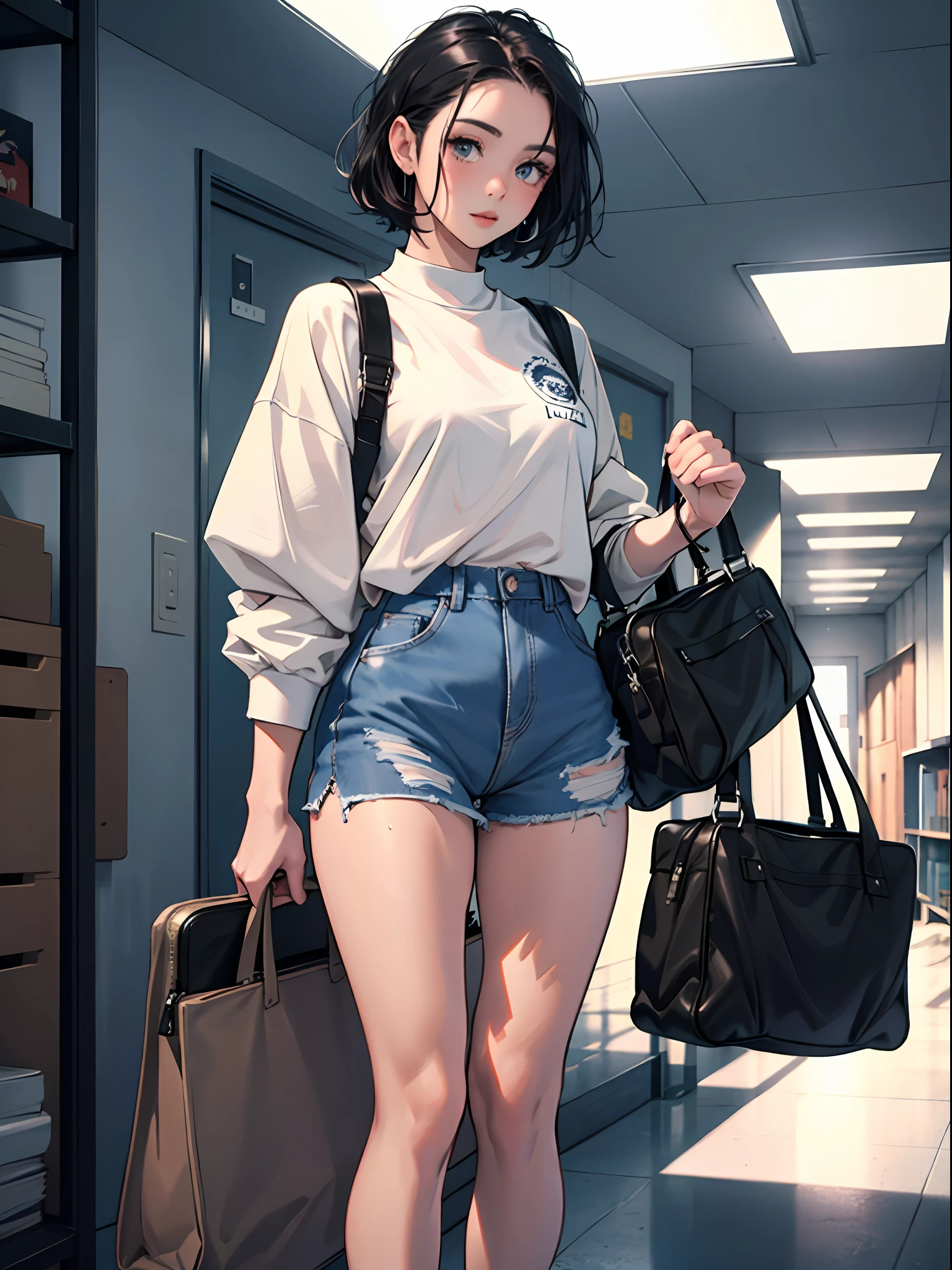 15 year old young girl : 1.3, short black hair: 1.2, Casual wear: 1.2, Daytime: 1.2, In the school campus: 1.2, Film lighting, Surrealism, UHD, ccurate, Super detail, textured skin, High detail, Best quality, 8k