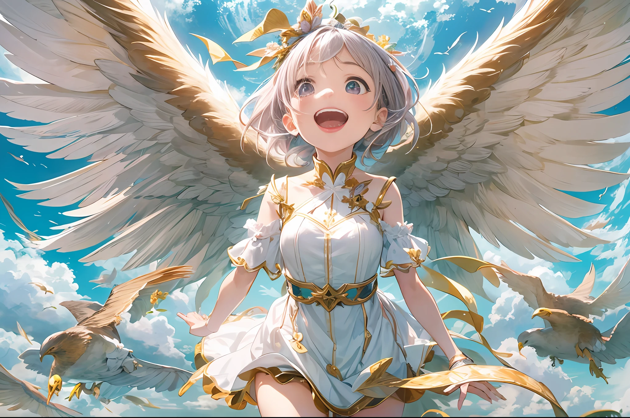 ​masterpiece, top-quality, Girl flying in the sky with giant eagle wings attached to her back、Huge laughter、Eyes wide open、A detailed face、Fantasia、in isekai、