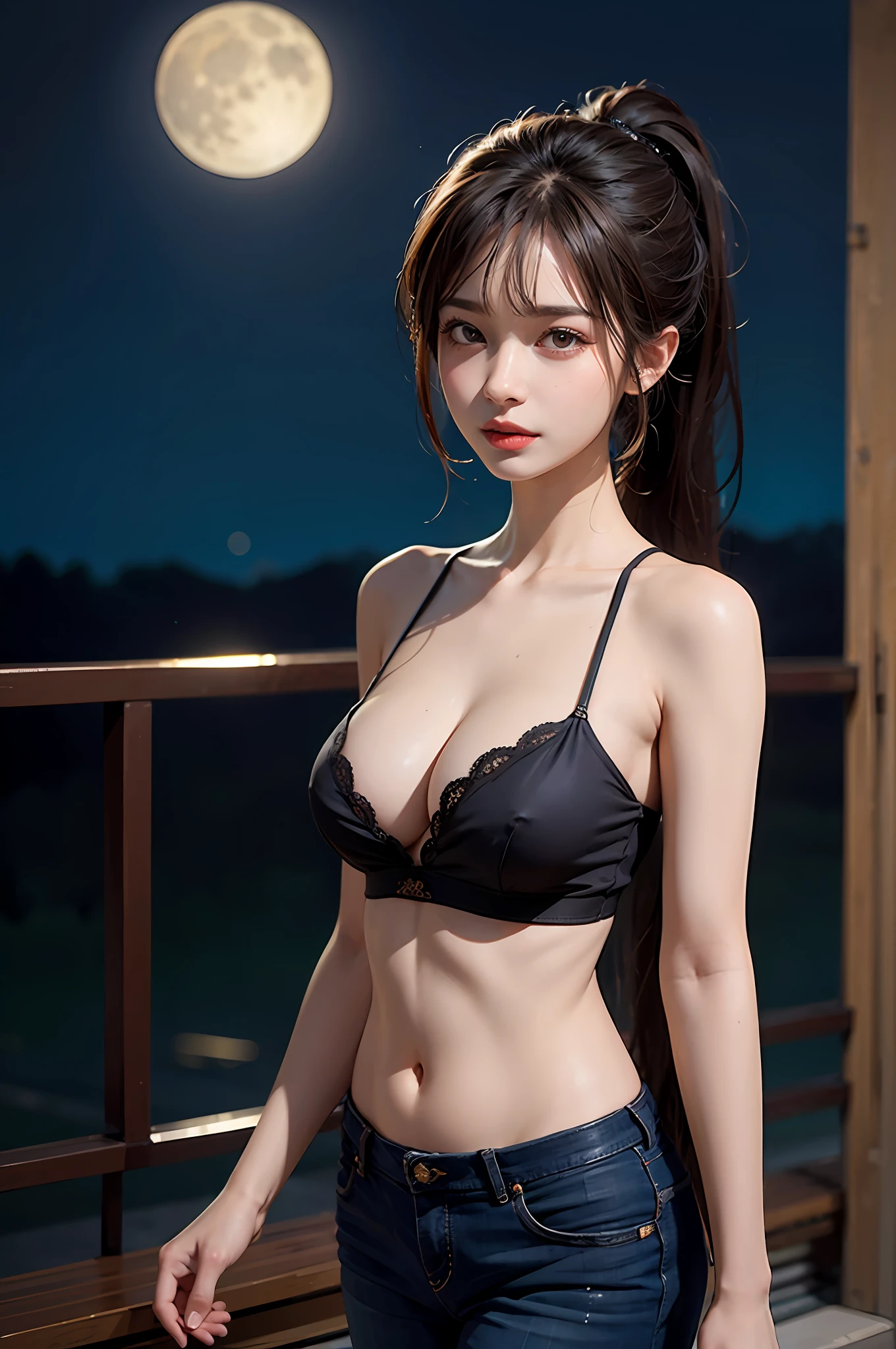 best qualtiy，sface focus，Look at the audience head-on，the soft light，（depth of fields），超高分辨率，（Photorealsitic：1.4），RAW photos，Bigchest，Clothes in black，Open navel，Bare shoulders，By bangs，Long ponytail hairstyle，（sportrait：1.4），（From the front side）1girll，独奏，adolable，（Shy，ssmile：1.1），（with brown eye），Detailed beautiful face，（mid day_Hair）， moon in the night，Walk，（off-the-shoulder shirts），