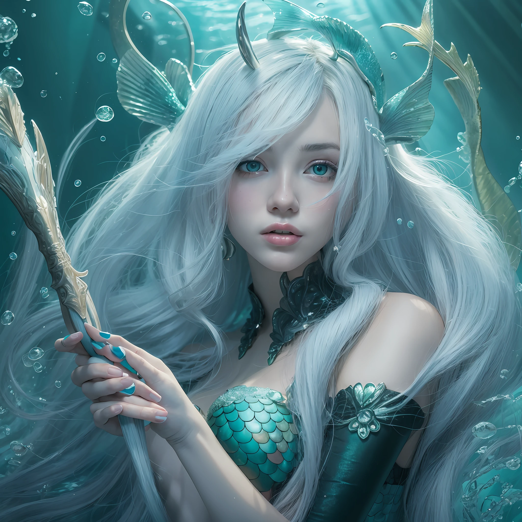 1girll,mermaid:1.5,holding trident,Mermaid underwater wonderland,soft and fantastic,Finned ears, whaite hair, White hair, curtained hair, A high resolution, High quality,Sit Pose,Blue-black style,solid color backdrop