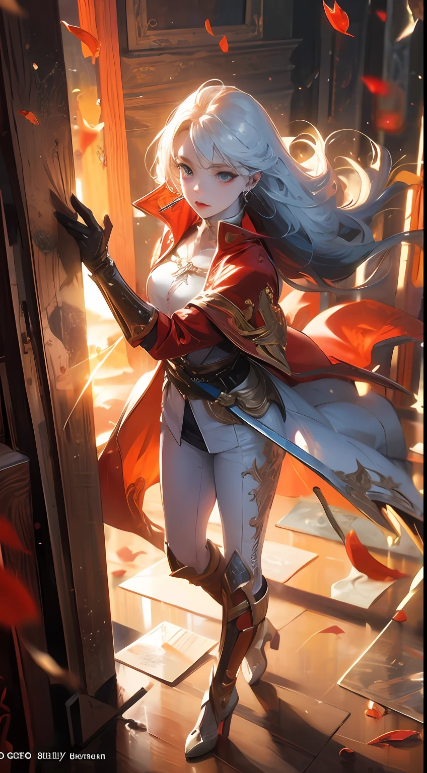 fantasy art, photo realism, dynamic lighting, art stand, poster, volumetric lighting, very detailed faces, 4k wallpaper, award-winning, a girl, red clothing, full body, sunlight, clear face, clean white background with fluttering petals on background, masterpiece, super detail, epic composition, ultra hd, high quality, extremely detailed, official art, super detail,