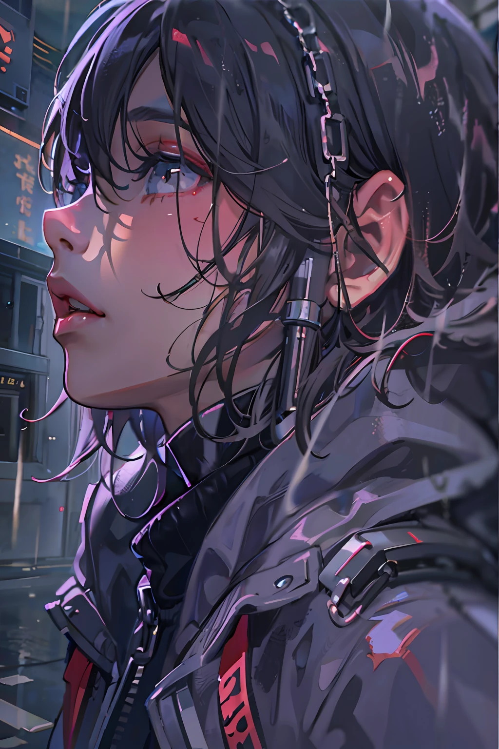 1girl, jacket, rain, outdoor, hoodie, open jacket, chain, backpack, looking at another, messy hair, trending on artstation, 8k resolution, highly detailed, anatomically correct, sharp image, digital painting, concept art, trending on pixiv, style of makoto shinkai,