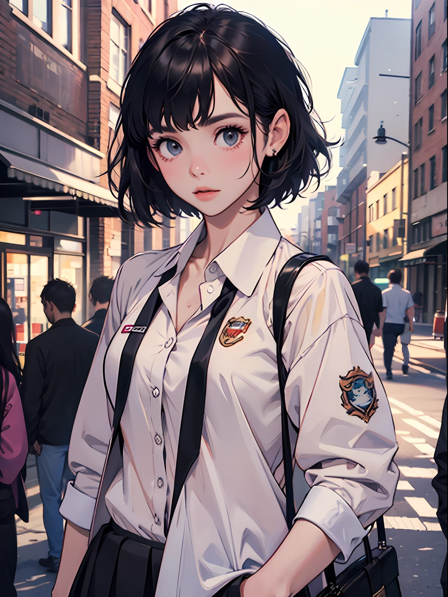 15 year old young girl : 1.3, short black hair: 1.2, Casual wear: 1.2, Daytime: 1.2,In the school campus: 1.2,Wearing school uniform:1.2, Film lighting, Surrealism, UHD, ccurate, Super detail, textured skin, High detail, Best quality, 8k,