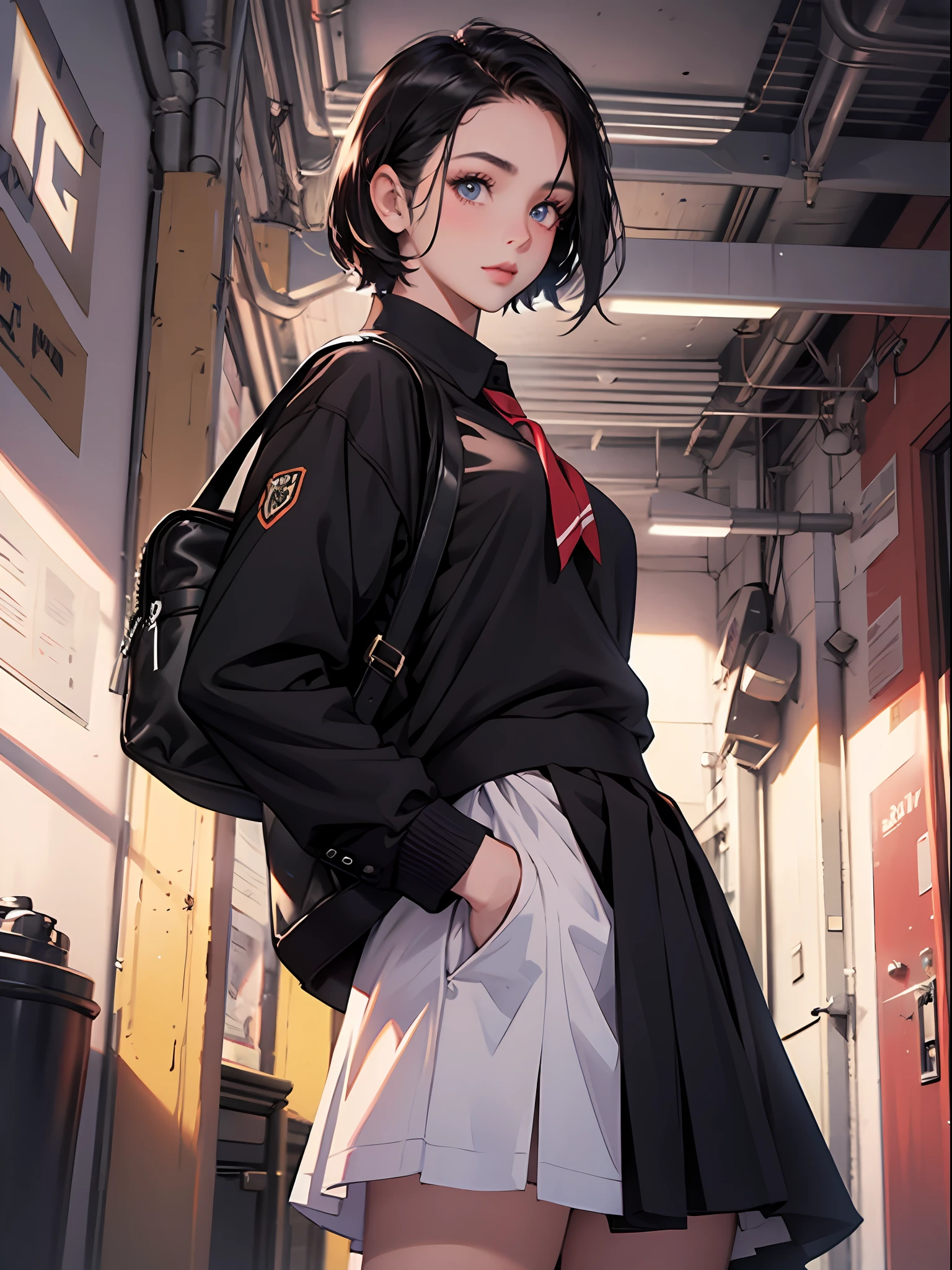 15 year old young girl : 1.3, short black hair: 1.2, Casual wear: 1.2, Daytime: 1.2,In the school campus: 1.2,Wearing school uniform:1.2, Film lighting, Surrealism, UHD, ccurate, Super detail, textured skin, High detail, Best quality, 8k,