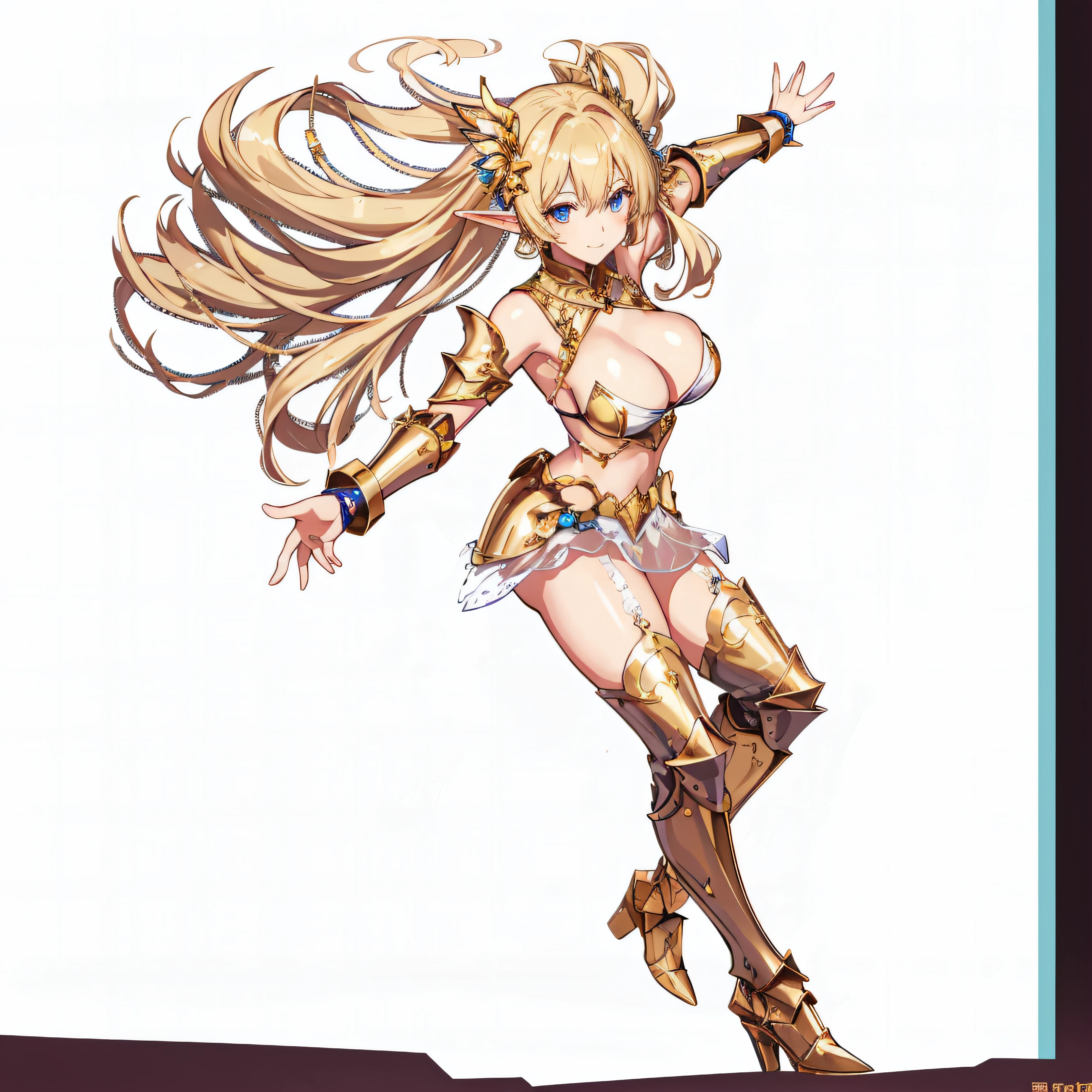 1 persons、White panty、extremely transparent skirts、Full body like、A smile、Very slender、Anime girl with blonde hair and gold armor posing naked、anime girl with a very big breast and a very big breast、Elven Girl、anime goddess、Perfect Style、The fleshy feeling of whip、short-hair、a blond、Blue eyes、alluring elf princess knight、Very open chest、oppai proportions、(Exposed seductive attractive cleavage:1.3)、teats、You can almost see the areola、Wet sheer skirt、Ultra-thin skirt、Ecchi anime style、Glittering golden armor、Angel Smile、angelic golden armor、Glamorous bikini armor、Beautiful fingers、Gold hair ornament、Gold bangles、Gold ankles、Gold Long Boots、Girl in armor、Sexy body、Emphasizes cleavage