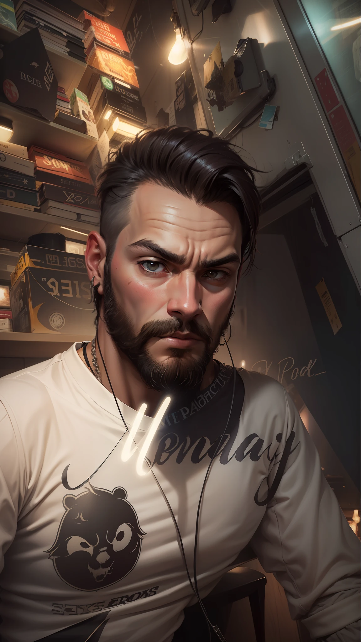 Solo man selfie, dark long beard, realistic face, attitude look on face