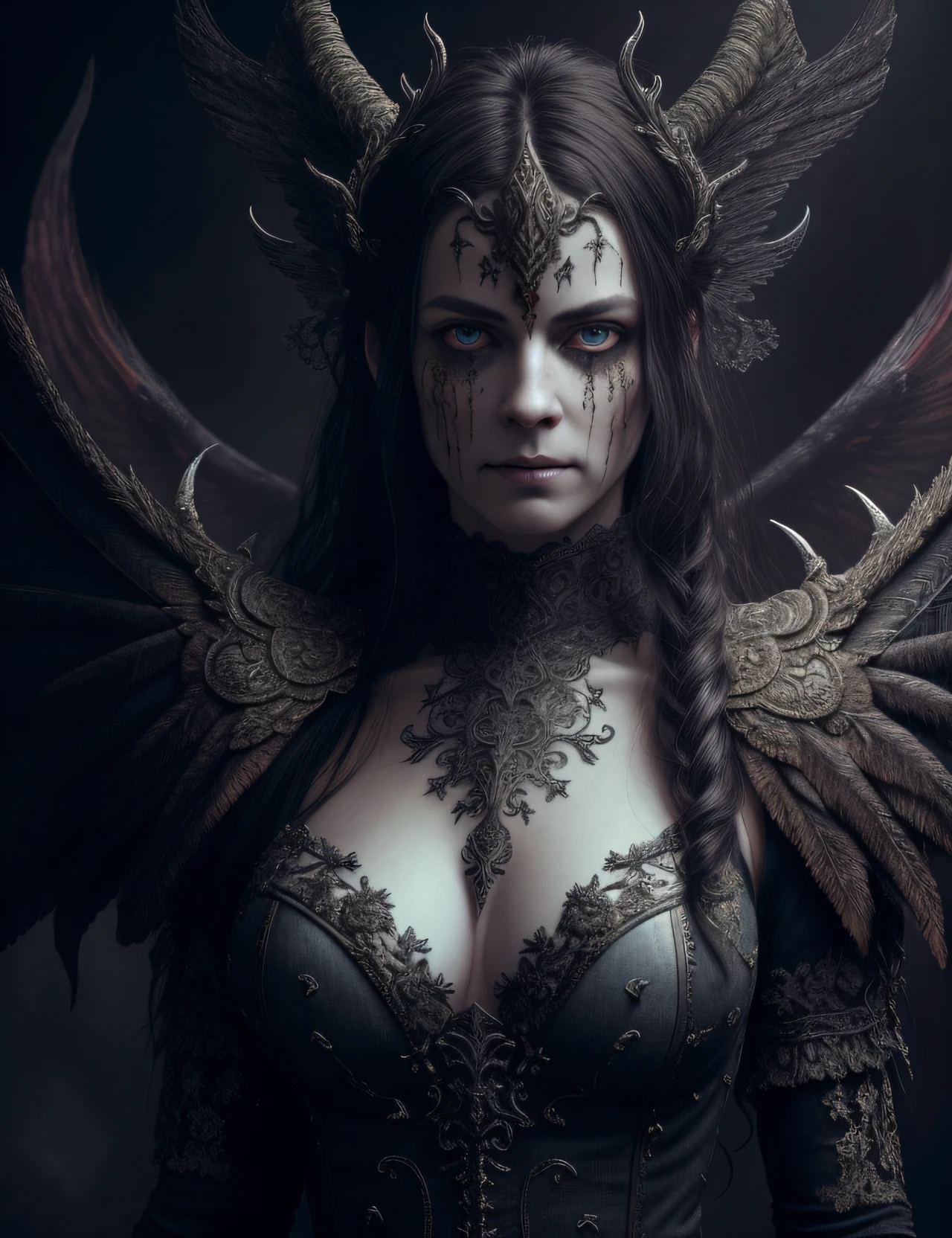 (realistic:1.3), (intricate details: 1.15), painting (artwork), ((masterpiece, best quality)), ((cinematic light)), Satan, Hybrid, scary, dark fantasy (style), detailed armor, beautiful detailed eyes, full-body, wearing a dress with a neckline, "Stepping on a floor covered in blood, detail on the feet, wings touching the ground."