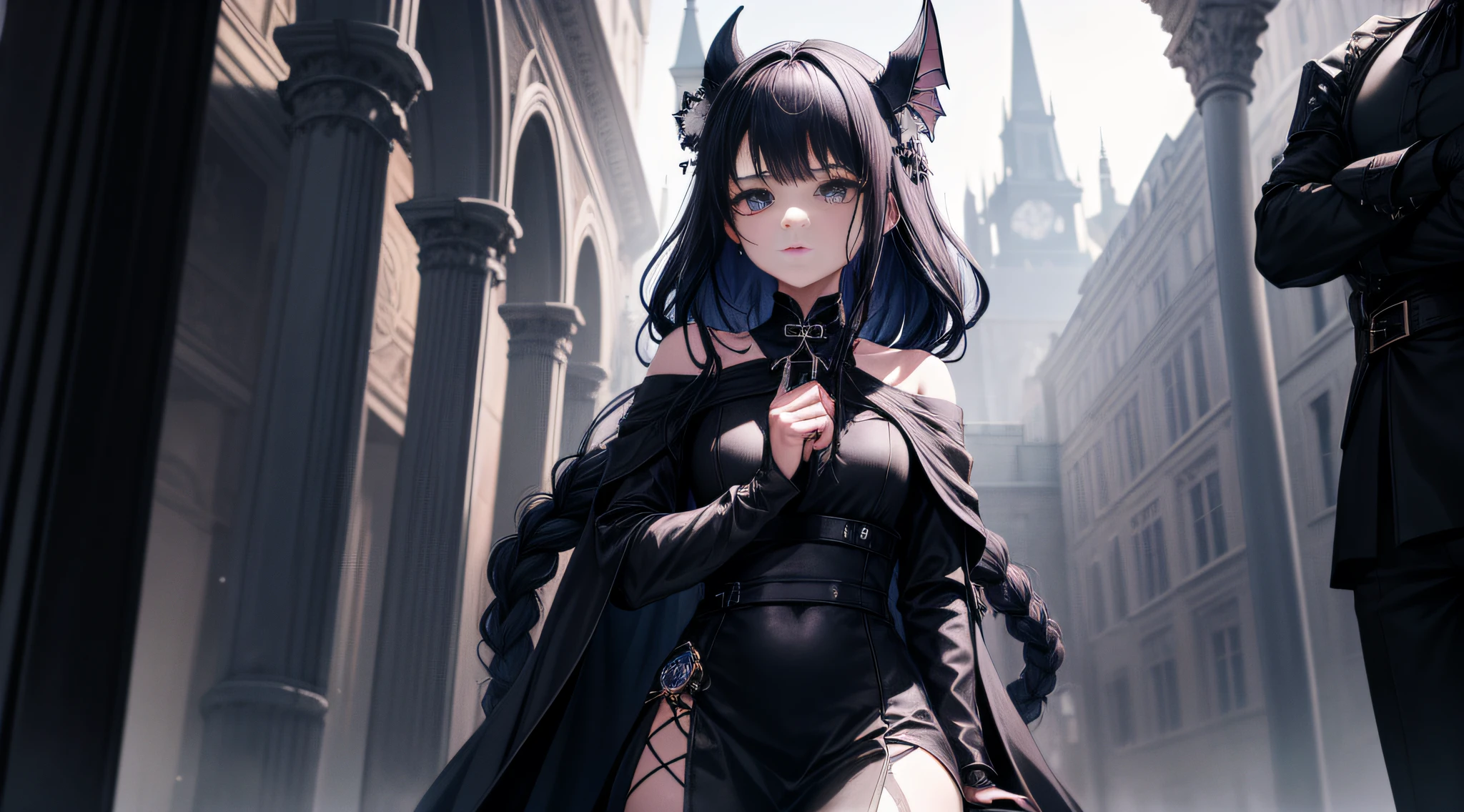 The spooky castle has a dark loli、A pair of bright and deep、Big mysterious eyes，The eyes reveal an invincible temperament。 ccurateblack hair：Her hair is jet black，May be trimmed into short or fluffy curls， Wearing some peculiar hair accessories，If there is a bat shaped hairpin、Headgear or pins, etc、Wear black or dark purple clothing，to highlight her dark style、Wear a black dress or a black long-sleeved top with a dark skirt、There may be some peculiar patterns or tattoos on the clothing，Like skeletons、serpent、Crows, etc、Mysterious and eerie feeling、Wear black tall boots or pair them with fishnet socks，Rebellious and solemn atmosphere、Wear a black cape or cloak in cold weather、Delicate face、(CG Unity 8K wallpaper in extreme detail，tmasterpiece，Highest image quality)，(Delicate light and shadow，The picture is highly dramatic，Cinematic lens effect)，
