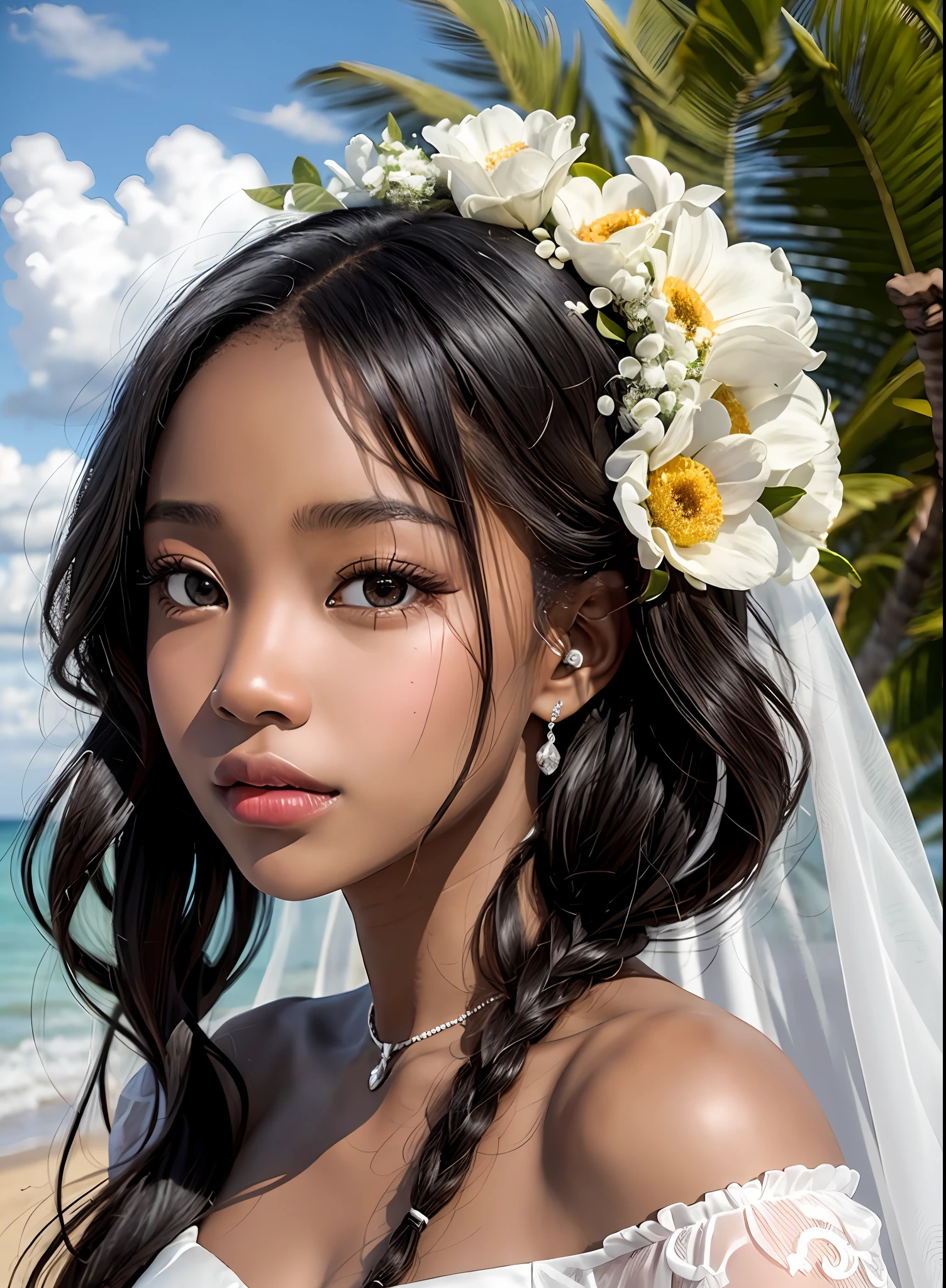 Photorealistic Beautiful black girl，African girl，Thin，Dark  skin，Wearing a white wedding dress，On the beach，Strong gaze
