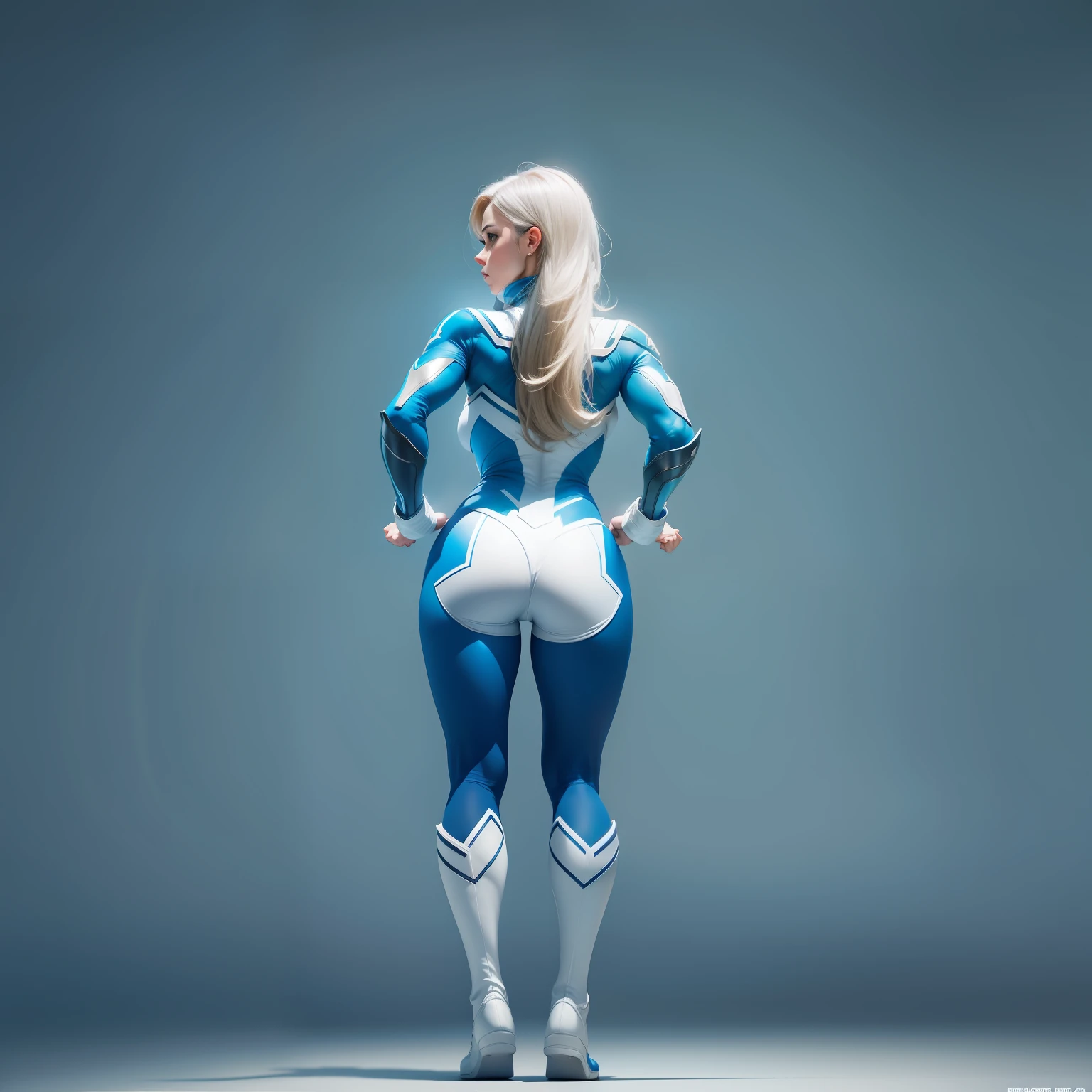 Female superheroes,superhero pose,strong pose,Full body photo,Blue tights,White boots,Back,standing on your feet,The legs are long,Focus on the butt,The butt is round,8K