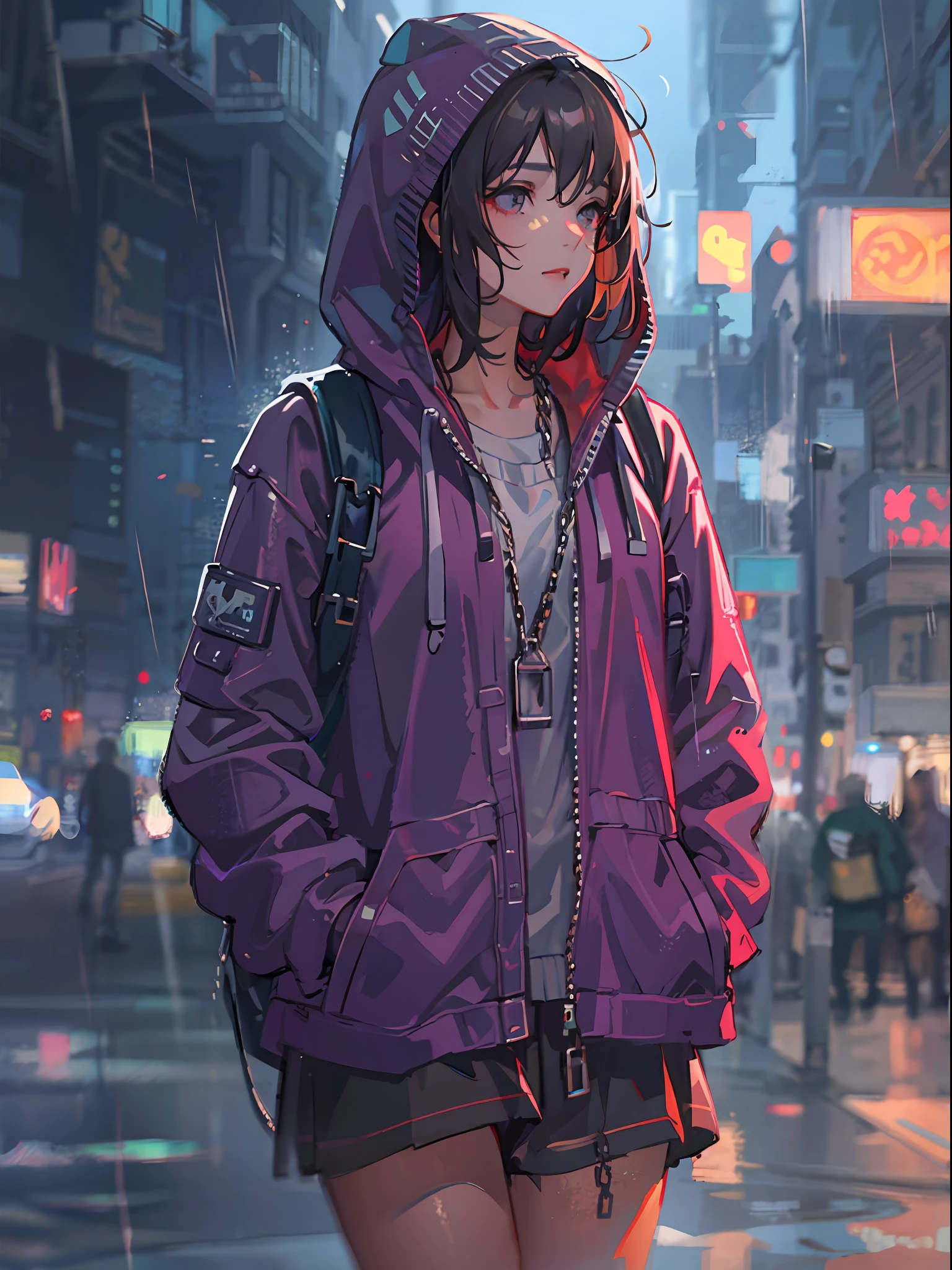 1girl, jacket, rain, outdoor, hoodie, open jacket, chain, backpack, looking at another, messy hair, trending on artstation, 8k resolution, highly detailed, anatomically correct, sharp image, digital painting, concept art, trending on pixiv, style of makoto shinkai,