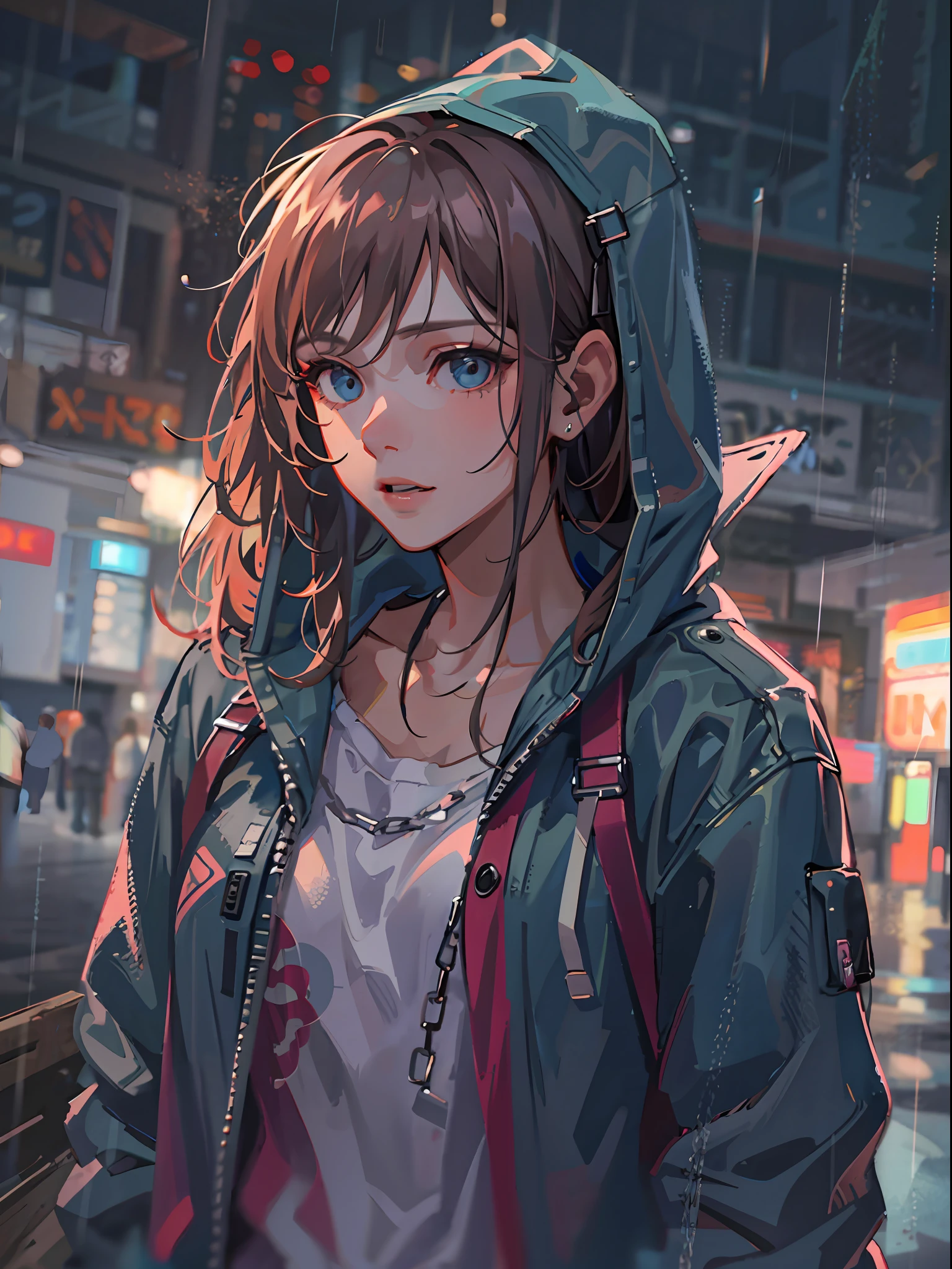 1girl, jacket, rain, outdoor, hoodie, open jacket, chain, backpack, looking at another, messy hair, trending on artstation, 8k resolution, highly detailed, anatomically correct, sharp image, digital painting, concept art, trending on pixiv, style of makoto shinkai,