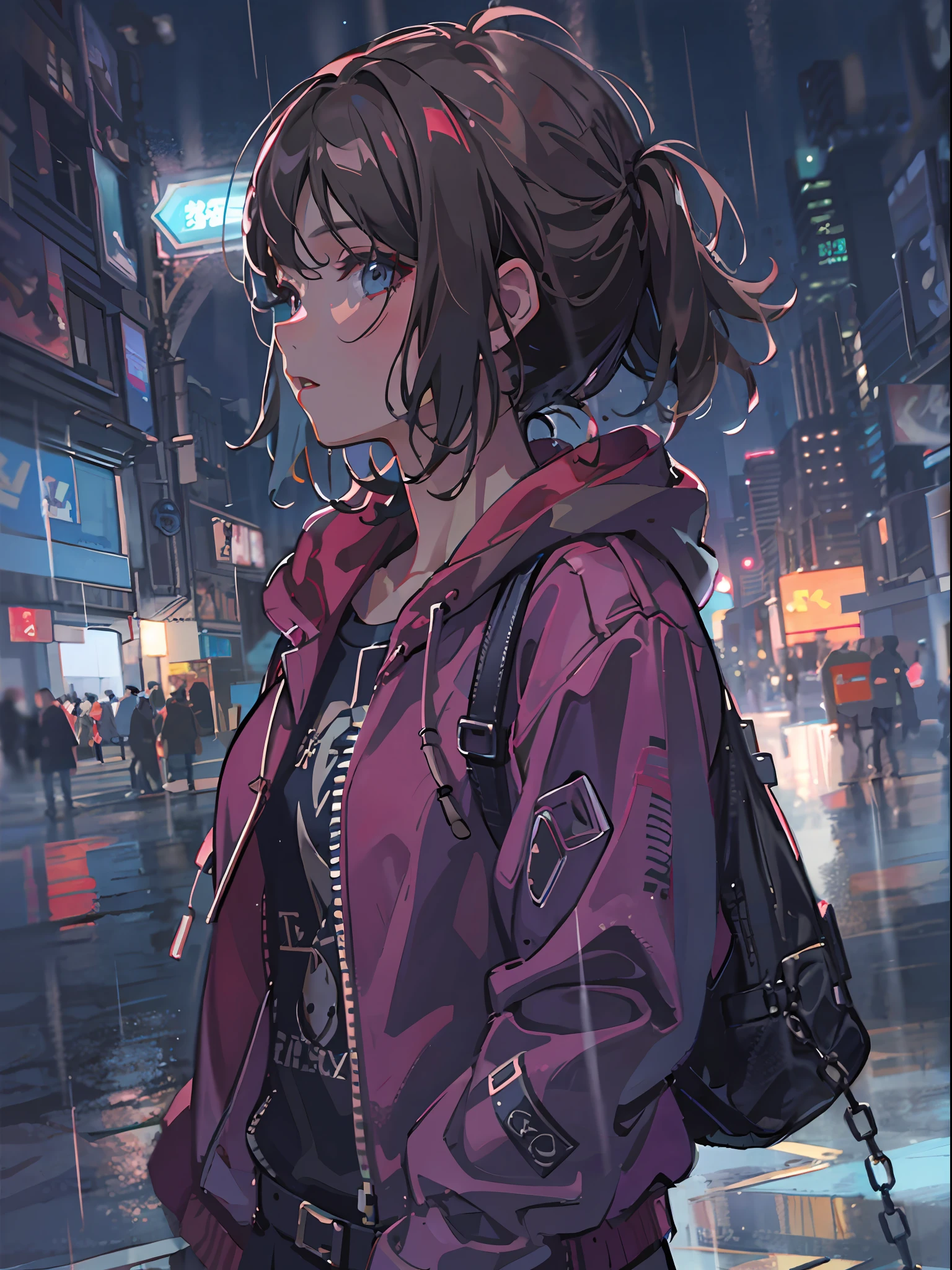 1girl, jacket, rain, outdoor, hoodie, open jacket, chain, backpack, looking at another, messy hair, trending on artstation, 8k resolution, highly detailed, anatomically correct, sharp image, digital painting, concept art, trending on pixiv, style of makoto shinkai,