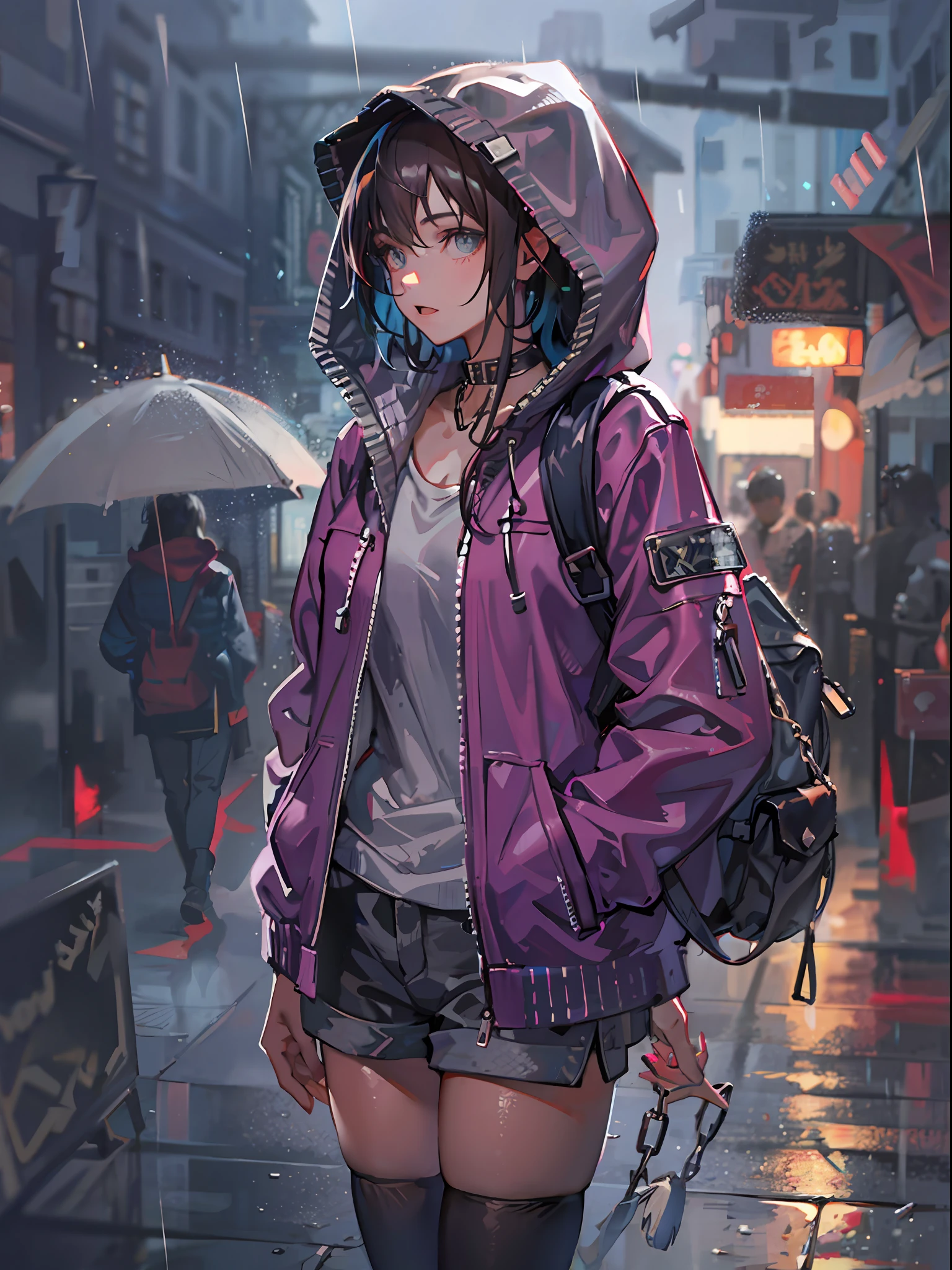 1girl, jacket, rain, outdoor, hoodie, open jacket, chain, backpack, looking at another, messy hair, trending on artstation, 8k resolution, highly detailed, anatomically correct, sharp image, digital painting, concept art, trending on pixiv, style of makoto shinkai,
