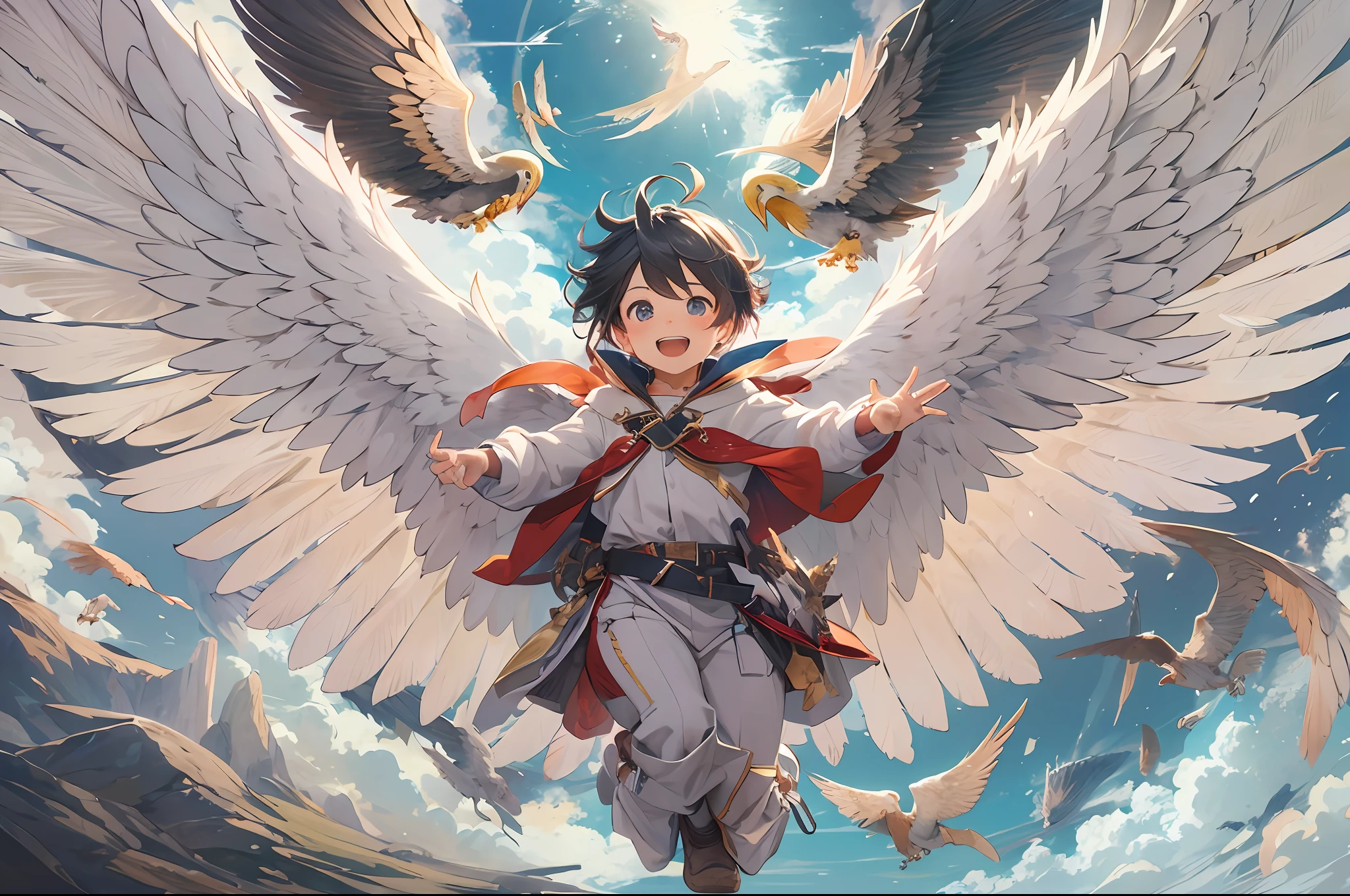 masterpiece, top-quality, Boy flying in the sky with giant eagle wings on his back、full body Esbian、Huge laughter、Eyes wide open、A detailed face、Fantasia、in isekai、