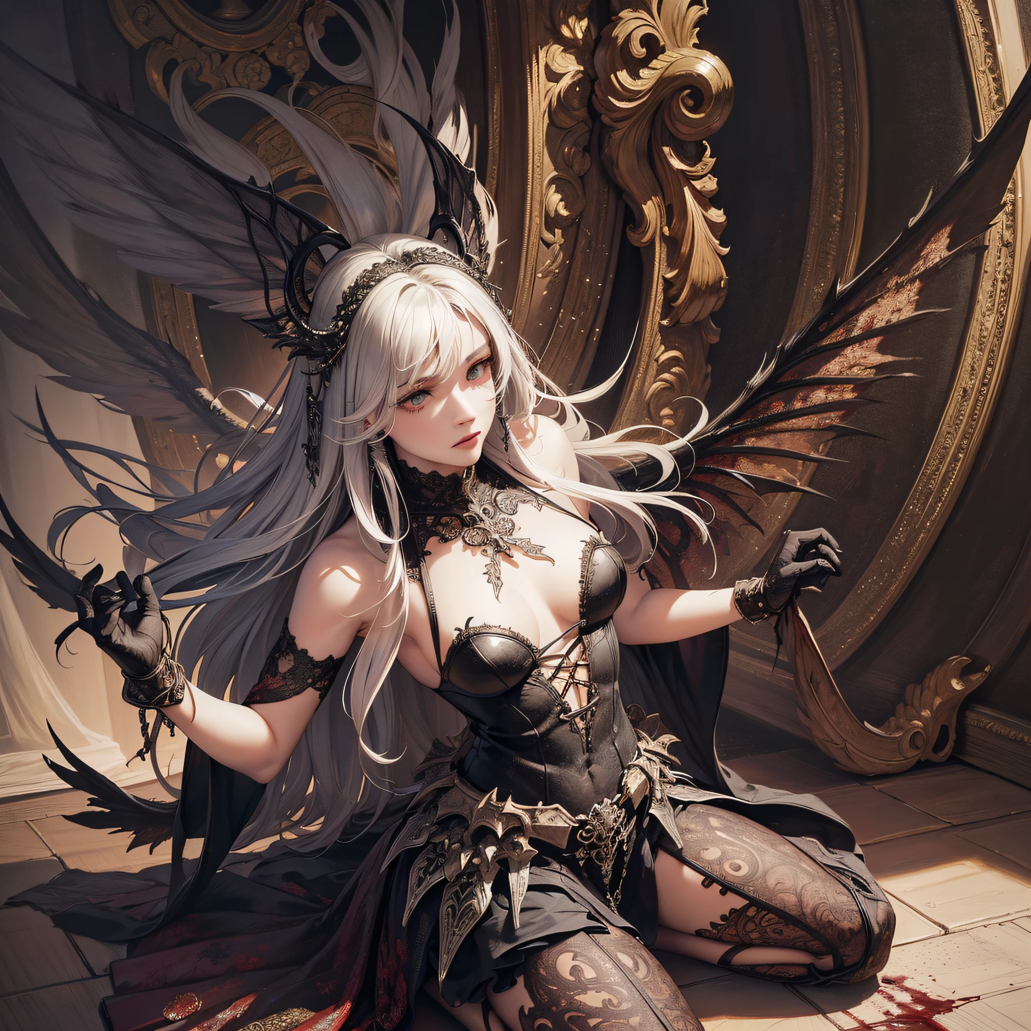 (realistic:1.3), (intricate details: 1.15), painting (artwork), ((masterpiece, best quality)), ((cinematic light)), Satan, Hybrid, scary, dark fantasy (style), detailed armor, beautiful detailed eyes, full-body, wearing a dress with a neckline, "Stepping on a floor covered in blood, detail on the feet, wings touching the ground." --auto