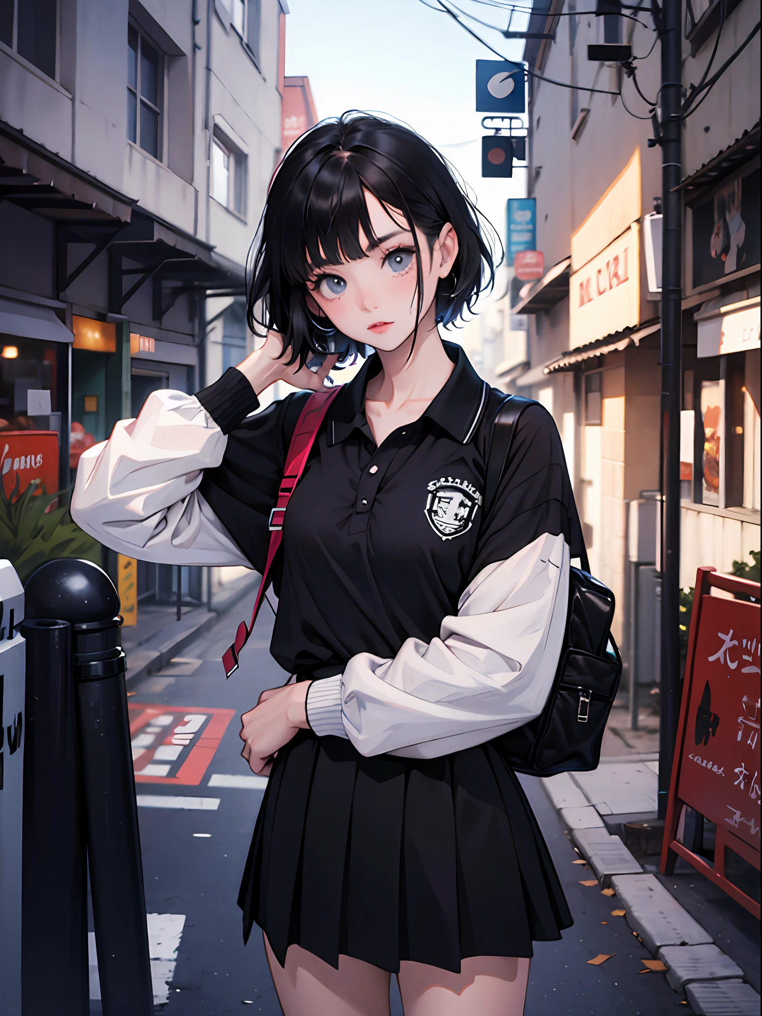 15 year old young girl : 1.3, short black hair: 1.2, Casual wear: 1.2, Daytime: 1.2,In the school campus: 1.2,Wearing school uniform:1.2, Film lighting, Surrealism, UHD, ccurate, Super detail, textured skin, High detail, Best quality, 8k,