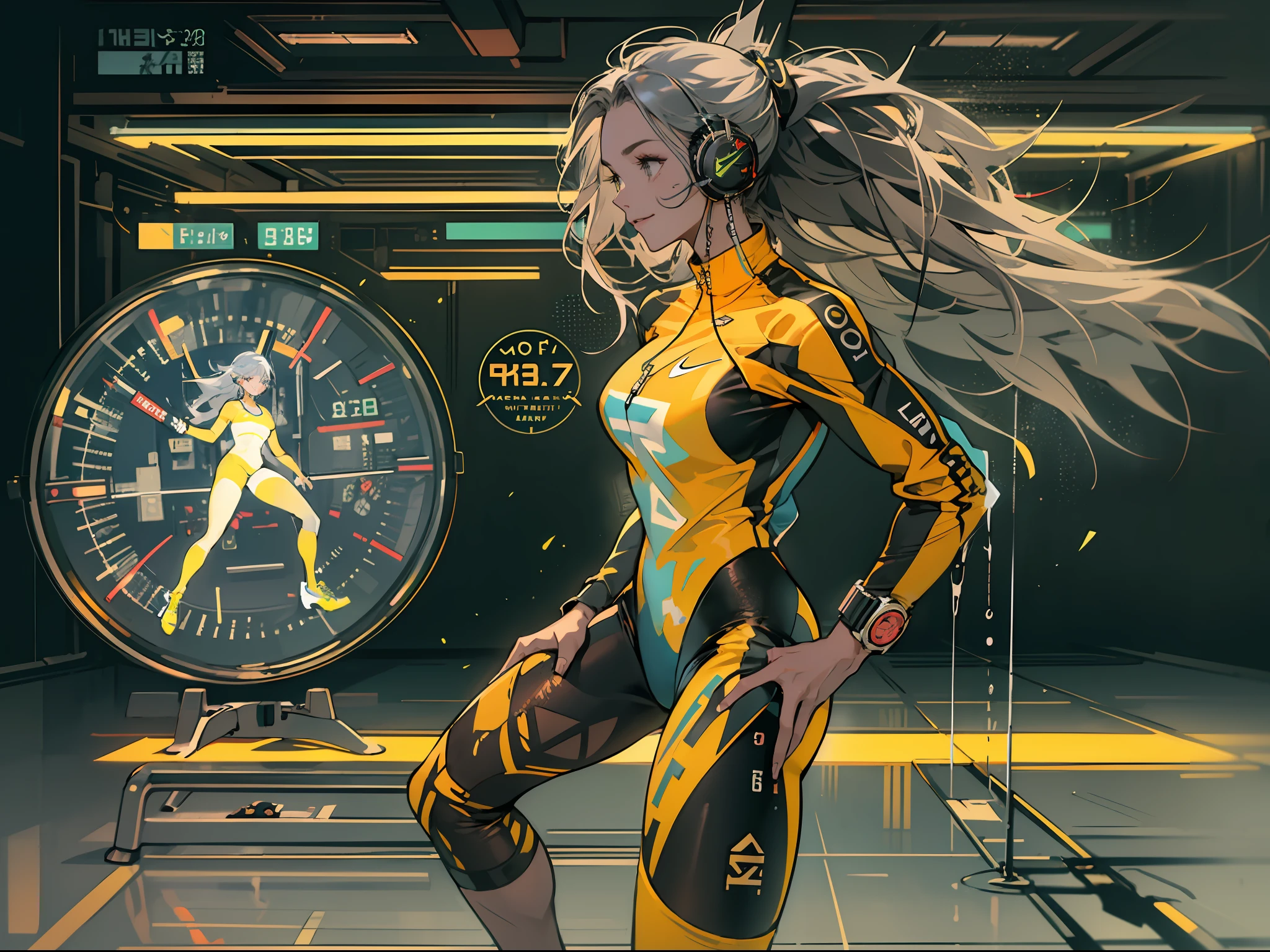 Best quality,tmasterpiece,Ultra-high resolution fills the picture,Inside the gym,Sporty girl,Night indoor black and yellow background color scheme,Neon lights,Sports tights,Sportswear,Yellow and black tracksuits,Liquid color matching clothing,the complex background,Weight instruments in the background,High-tech screen in the background,Lateral face,Smiling,Dress less,There are fitness elements in the rear,Nike brand,Tech gym,Various sports accessories,Various gym scenes,Perfect makeup,Love eyes,8K quality,Cyberpunk,sense of science and technology,Character backlighting,rim-light,Movement changes,Flowing hairstyle,Loose hairstyle,Silvery-white hair,The number of fingers is refined,Luminous stud earrings and luminescent digital necklace,Wear an electronic digital watch,Sports headphones,The most beautiful girl in mankind,Dye hair,Delicate close-up of the face,The overall picture is yellow and black, And the color scheme is realistic and realistic,Super light and shadow,Very good figure,English slogan neon,Runway lights