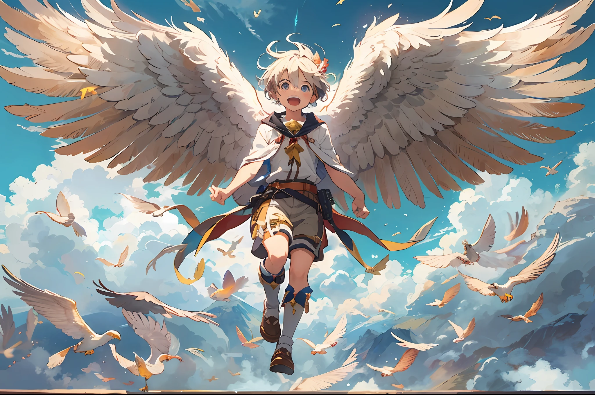 masterpiece, top-quality, Boy flying in the sky with giant eagle wings on his back、full body Esbian、Huge laughter、Eyes wide open、A detailed face、Fantasia、in isekai、
